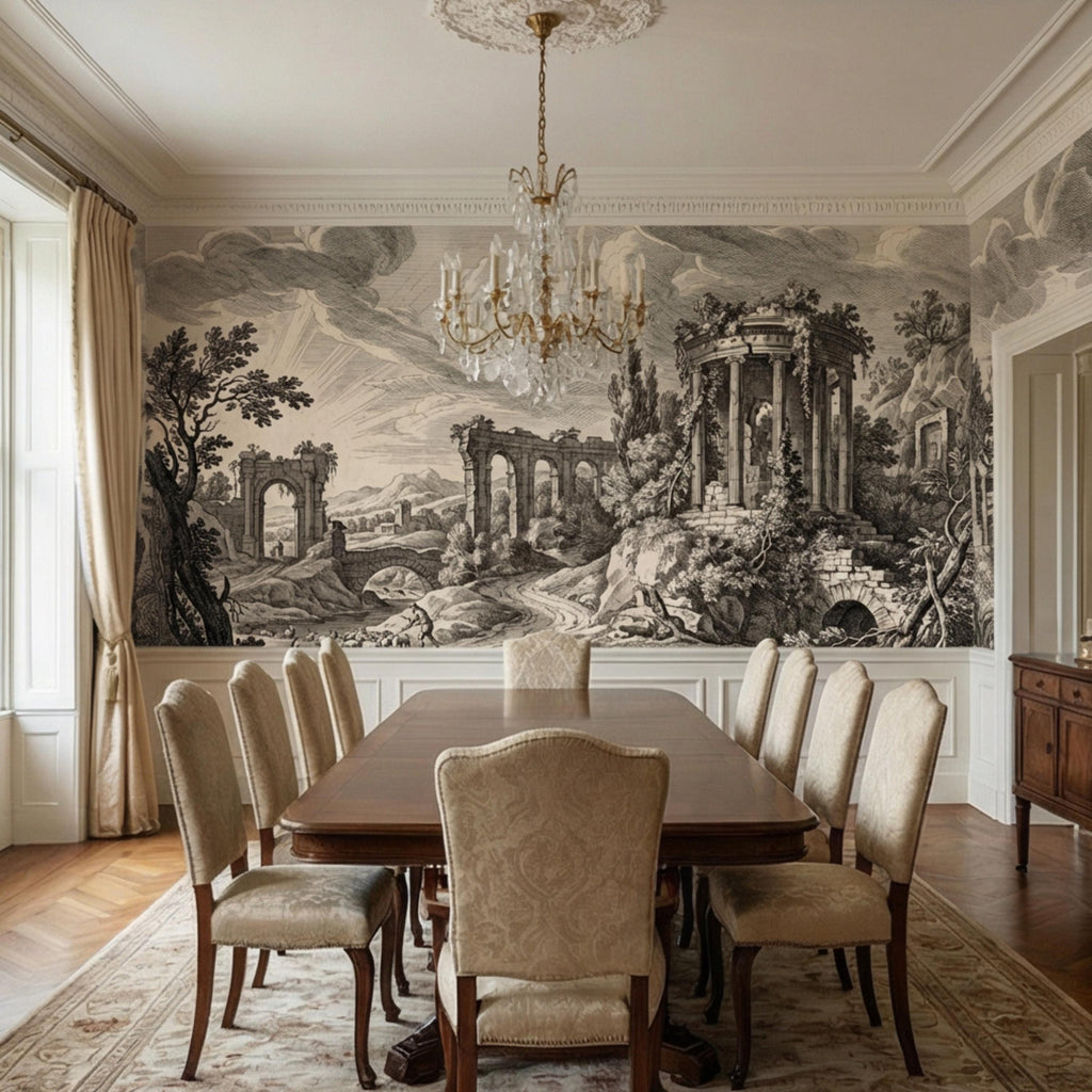 Vintage Roman Ruins Engraving Peel and Stick Wall Mural, Antique Classical Landscape with Temple and Arches, Old World Etching Wallpaper