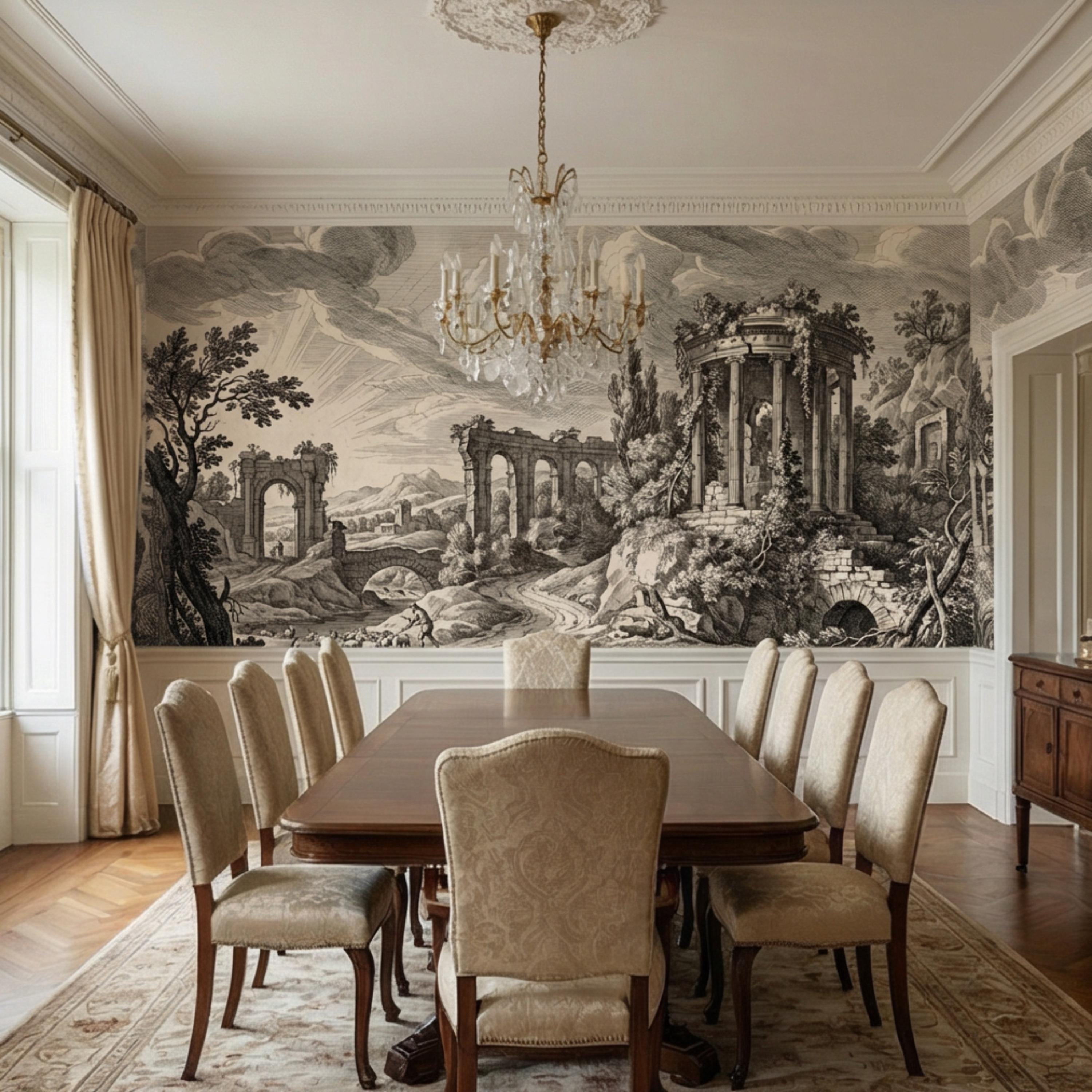 Vintage Roman Ruins Engraving Peel and Stick Wall Mural, Antique Classical Landscape with Temple and Arches, Old World Etching Wallpaper