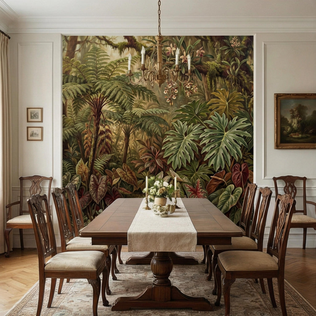 Vintage Tropical Rainforest Peel and Stick Wall Mural, Lush Botanical Jungle with Ferns Monstera and Orchids, Moody Nature Wallpaper