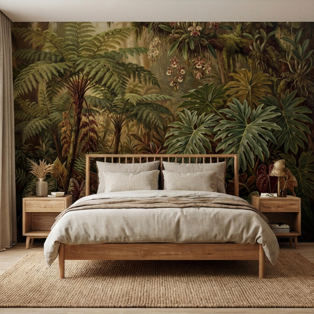 Vintage Tropical Rainforest Peel and Stick Wall Mural, Lush Botanical Jungle with Ferns Monstera and Orchids, Moody Nature Wallpaper