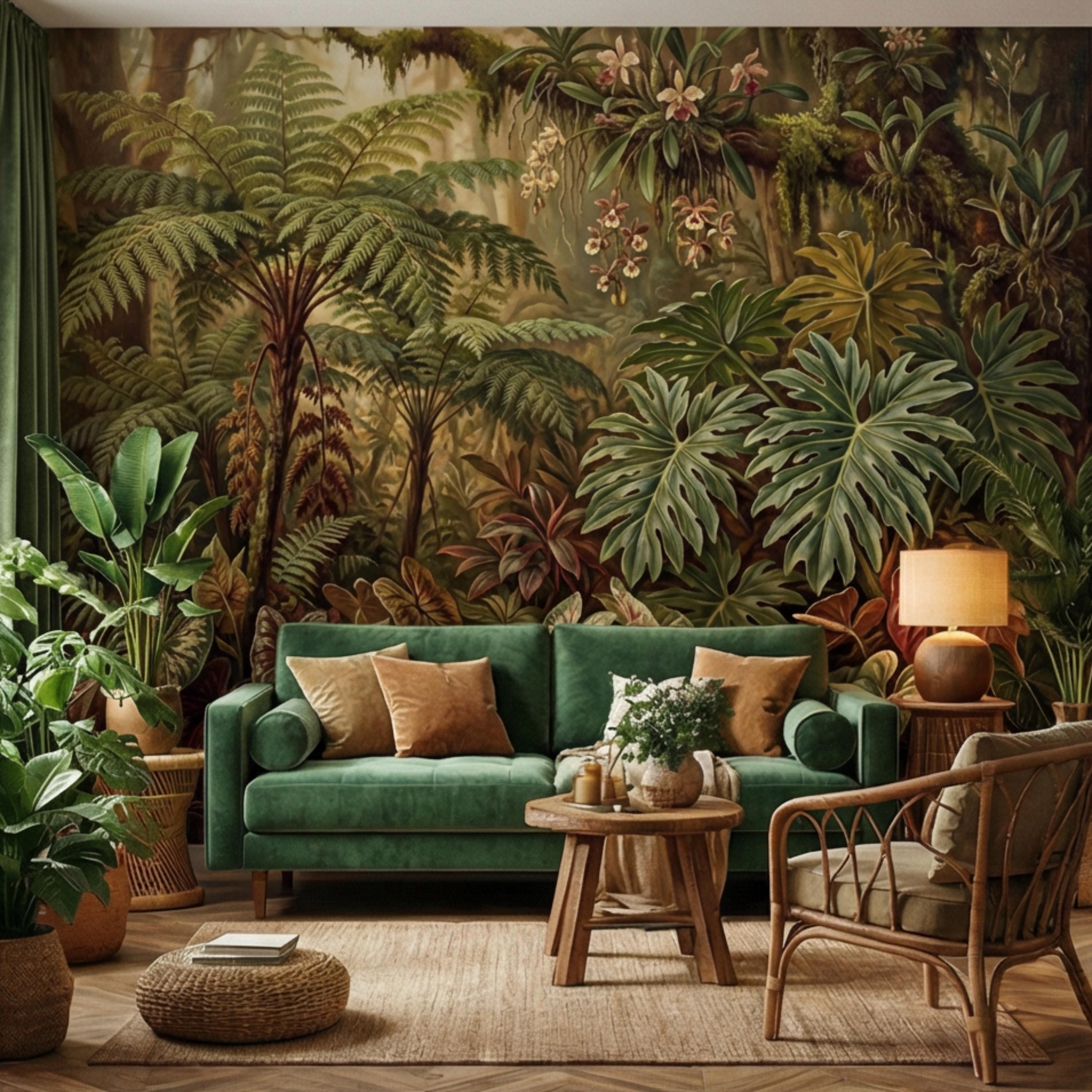 Vintage Tropical Rainforest Peel and Stick Wall Mural, Lush Botanical Jungle with Ferns Monstera and Orchids, Moody Nature Wallpaper