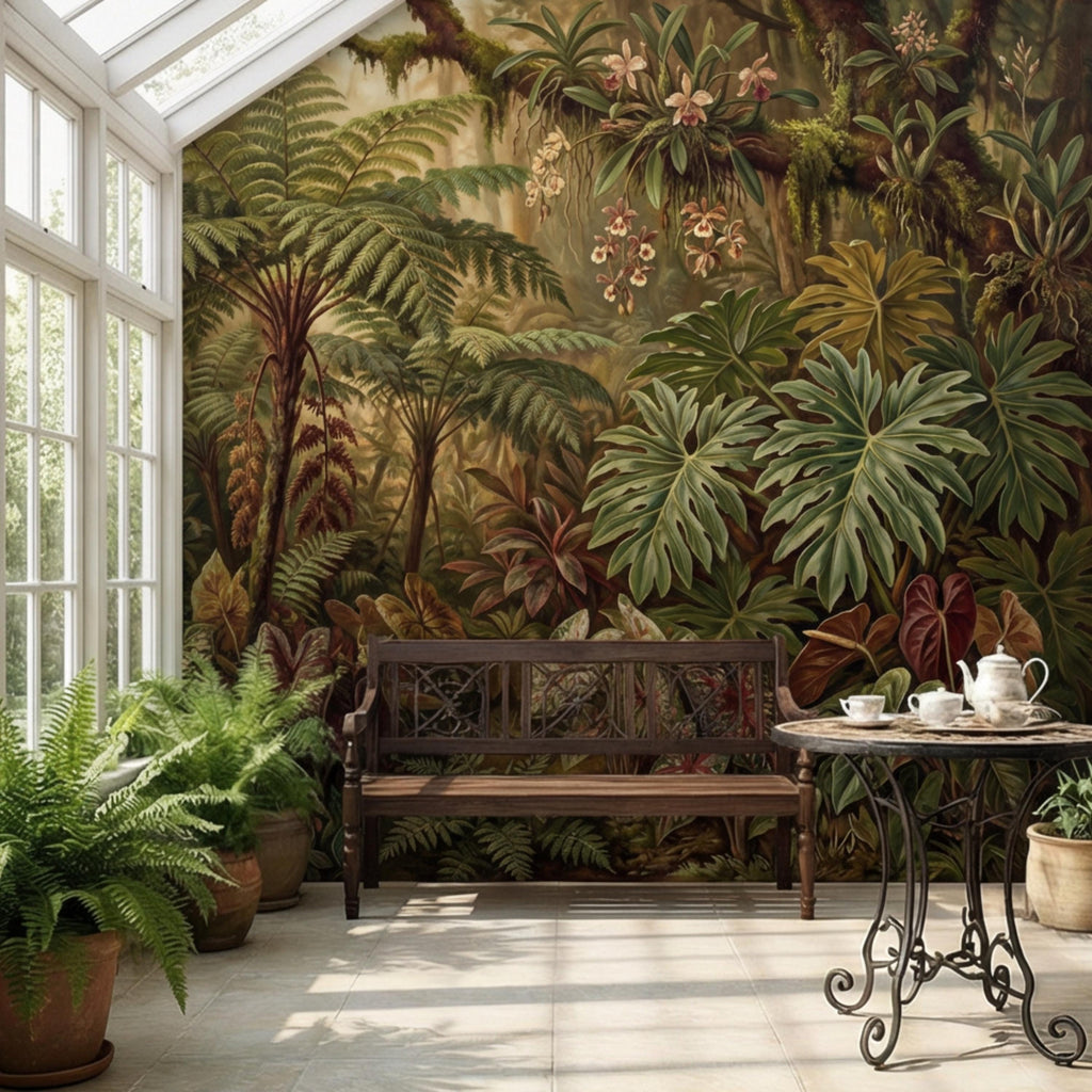 Vintage Tropical Rainforest Peel and Stick Wall Mural, Lush Botanical Jungle with Ferns Monstera and Orchids, Moody Nature Wallpaper
