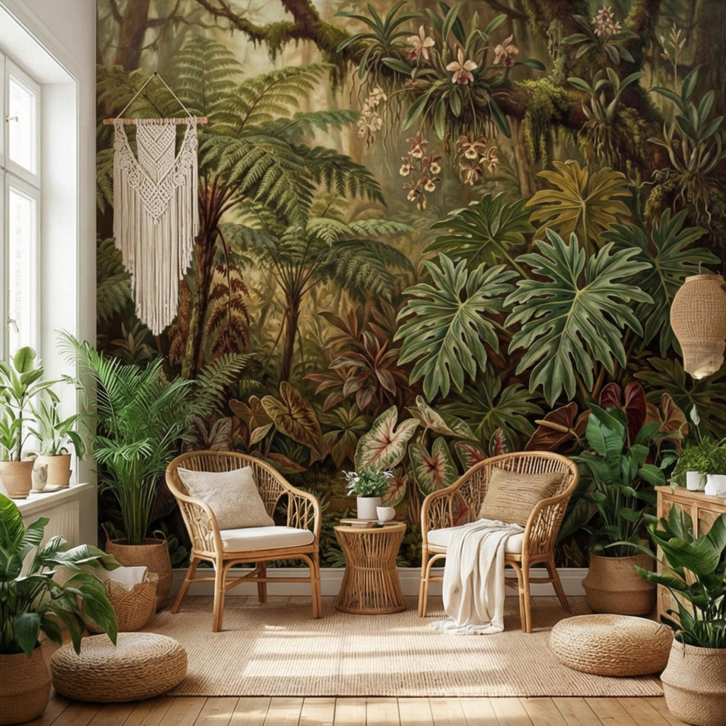 Vintage Tropical Rainforest Peel and Stick Wall Mural, Lush Botanical Jungle with Ferns Monstera and Orchids, Moody Nature Wallpaper