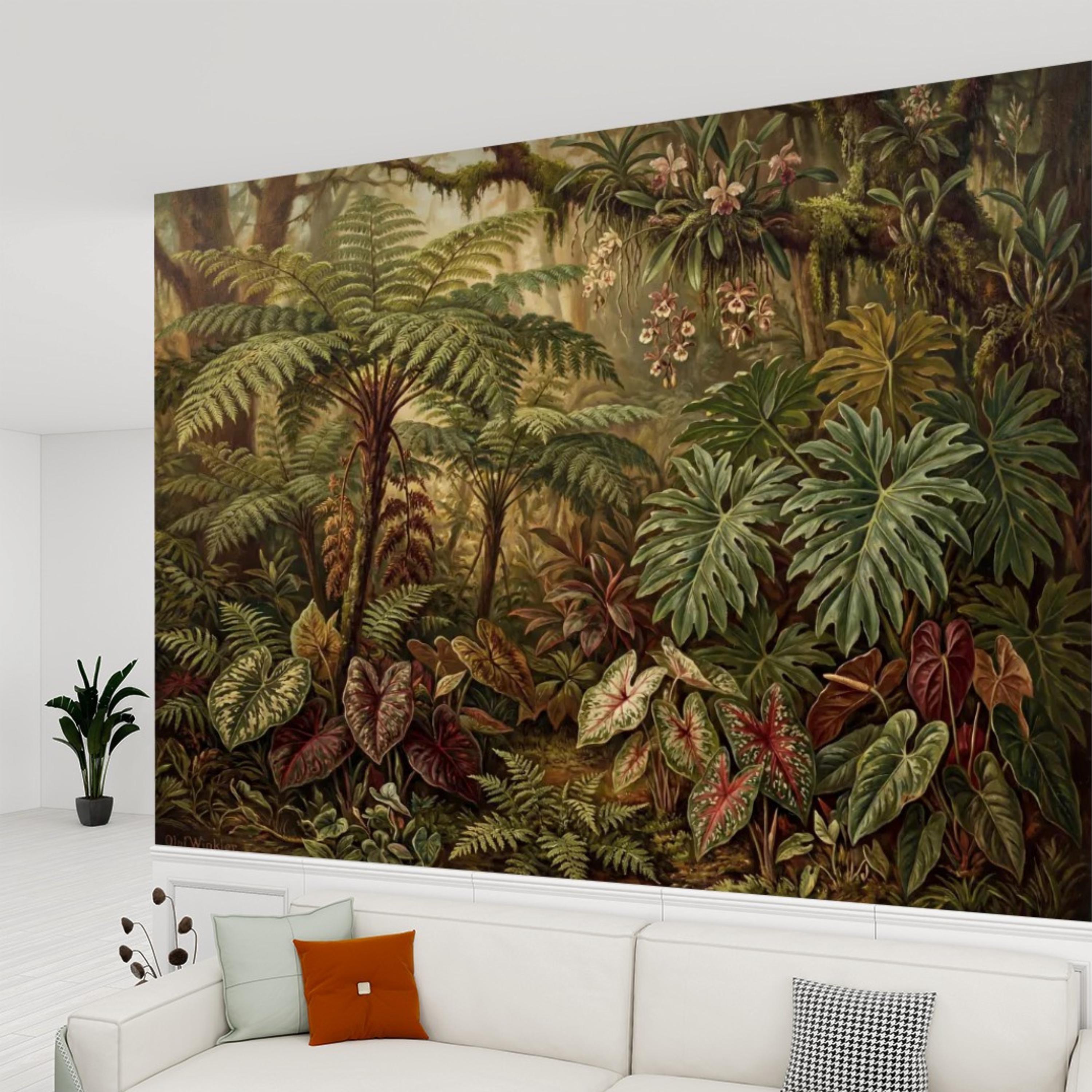 Vintage Tropical Rainforest Peel and Stick Wall Mural, Lush Botanical Jungle with Ferns Monstera and Orchids, Moody Nature Wallpaper