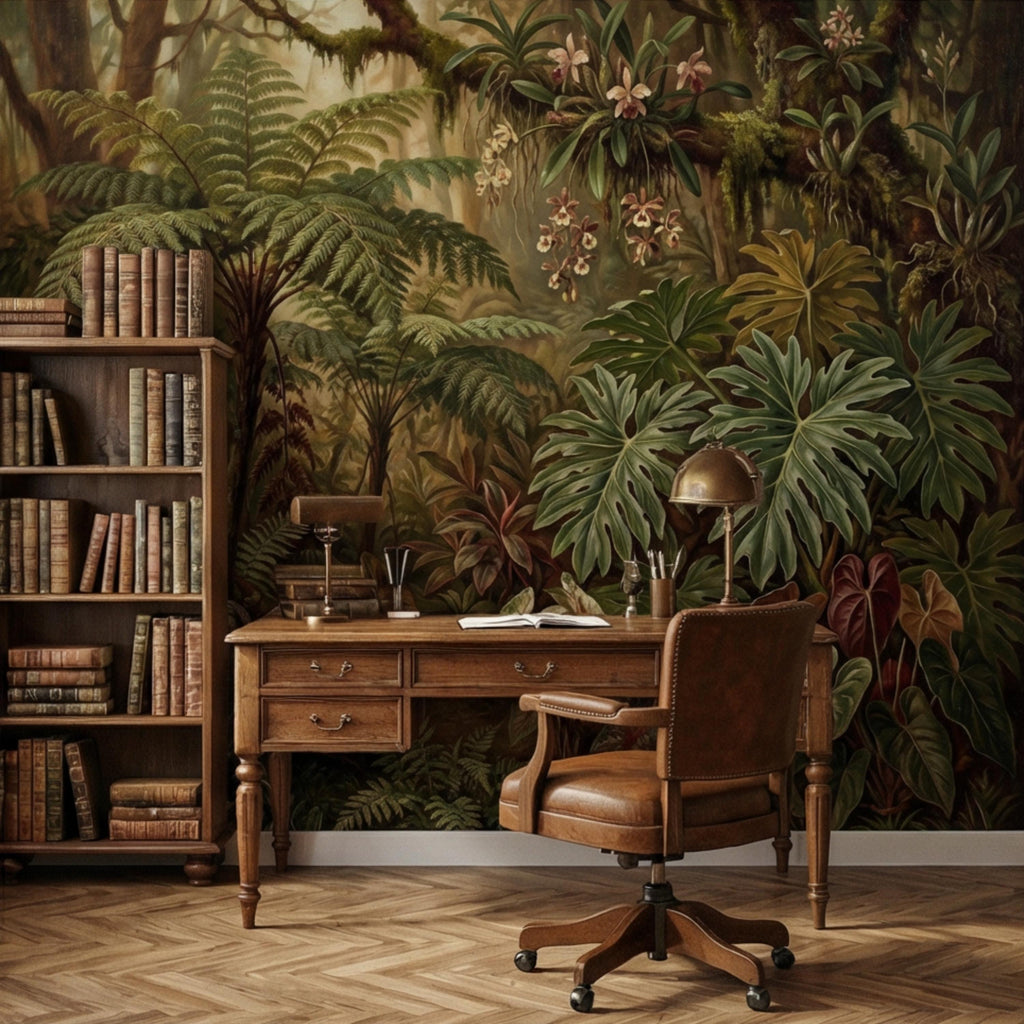 Vintage Tropical Rainforest Peel and Stick Wall Mural, Lush Botanical Jungle with Ferns Monstera and Orchids, Moody Nature Wallpaper