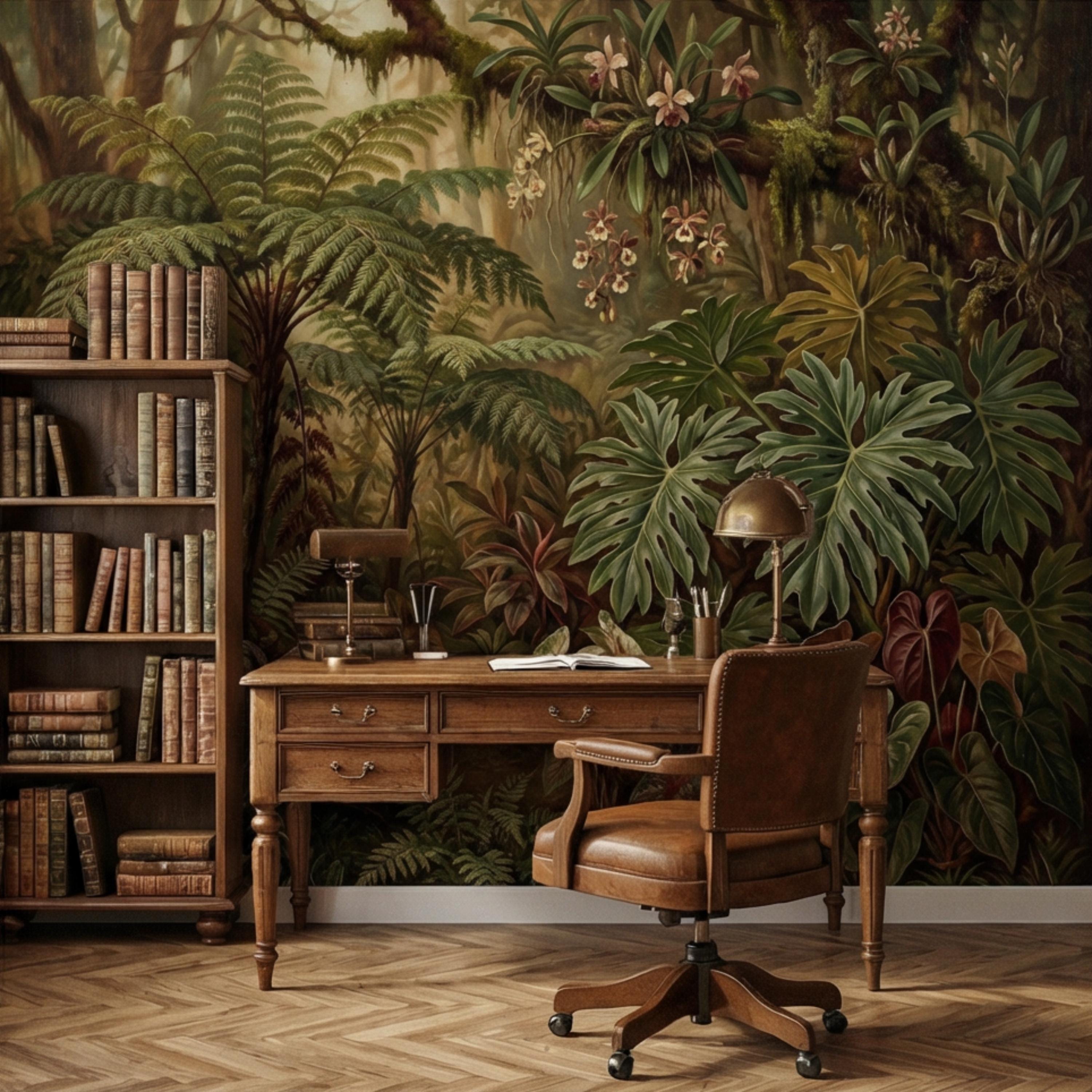 Vintage Tropical Rainforest Peel and Stick Wall Mural, Lush Botanical Jungle with Ferns Monstera and Orchids, Moody Nature Wallpaper