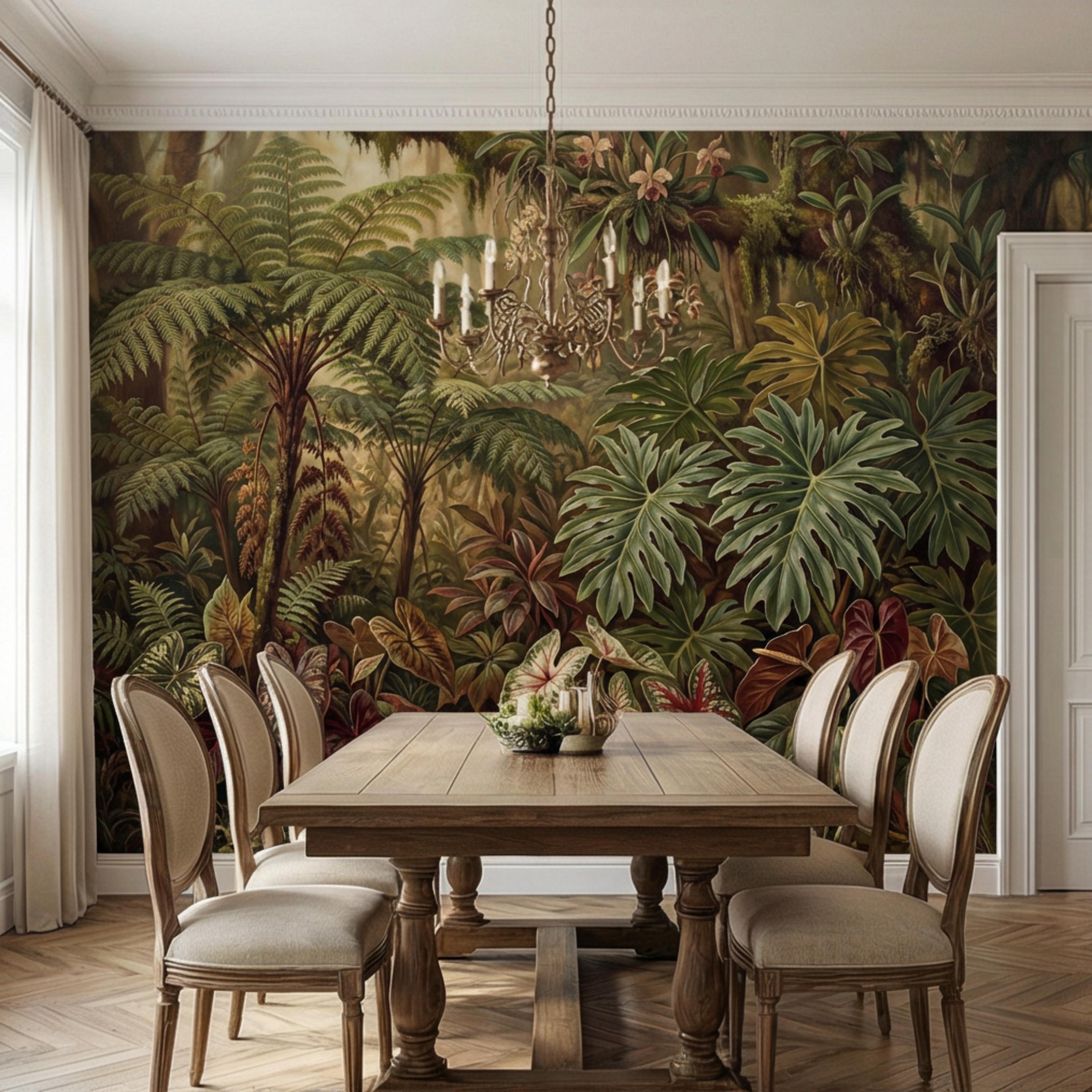 Vintage Tropical Rainforest Peel and Stick Wall Mural, Lush Botanical Jungle with Ferns Monstera and Orchids, Moody Nature Wallpaper
