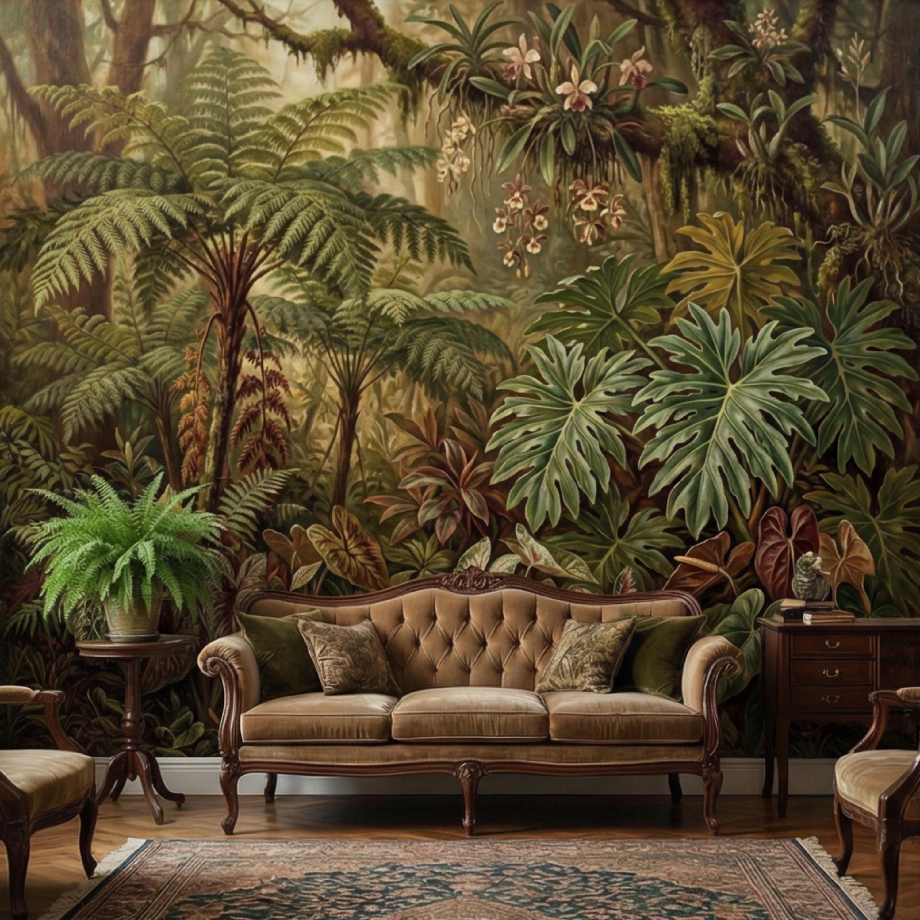 Vintage Tropical Rainforest Peel and Stick Wall Mural, Lush Botanical Jungle with Ferns Monstera and Orchids, Moody Nature Wallpaper