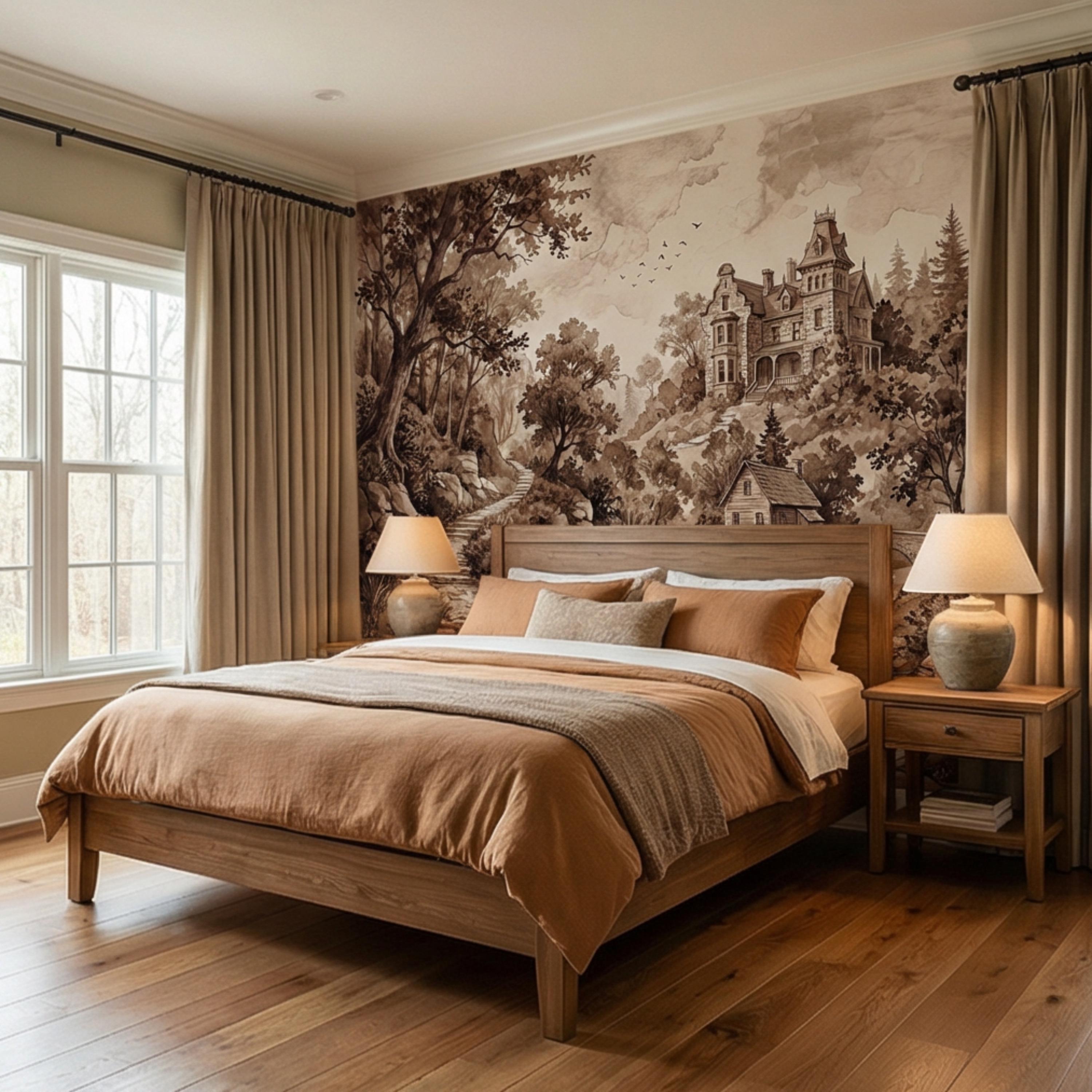 Vintage Sepia Victorian Cottage Peel and Stick Wall Mural, Rustic Old Mill Landscape Wallpaper