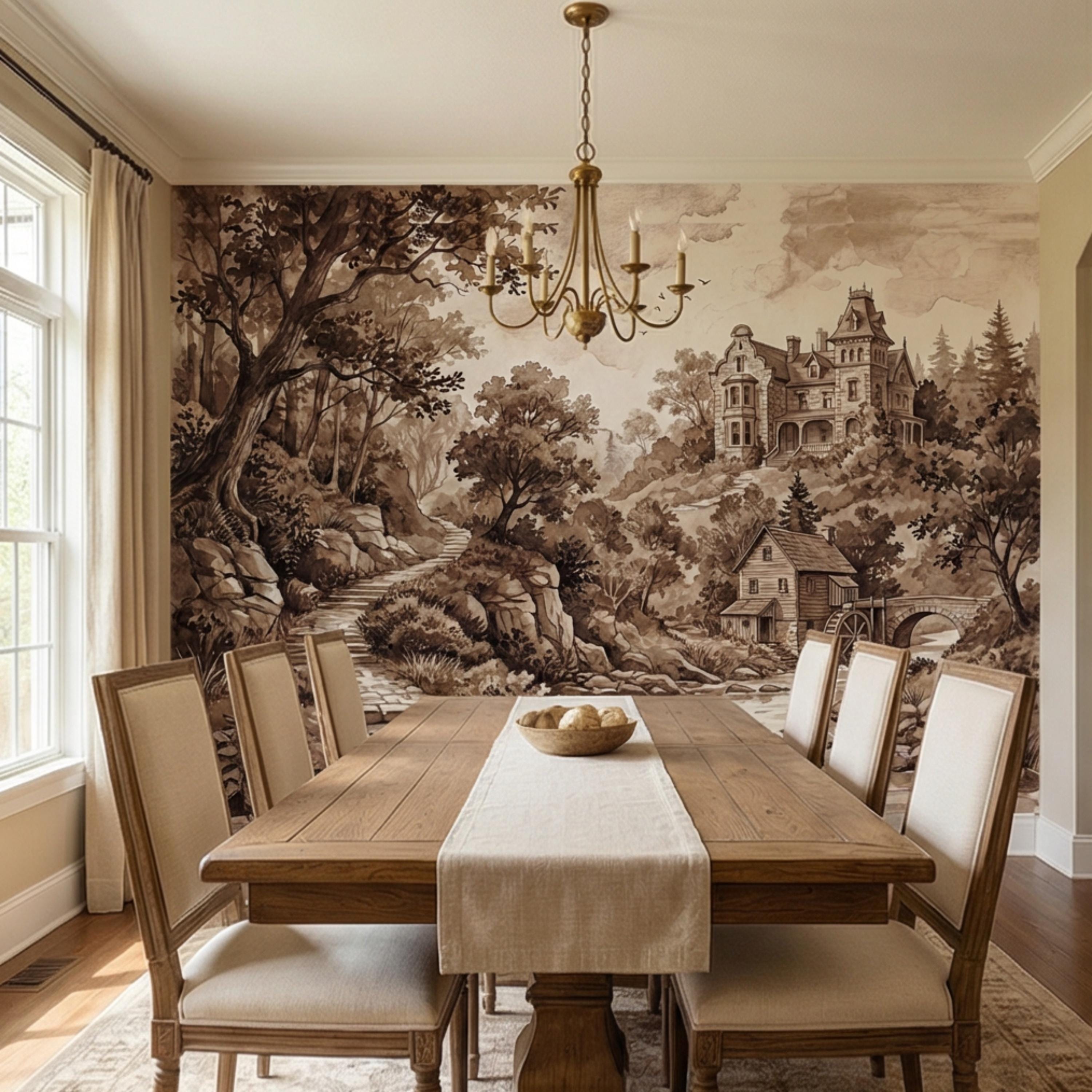 Vintage Sepia Victorian Cottage Peel and Stick Wall Mural, Rustic Old Mill Landscape Wallpaper