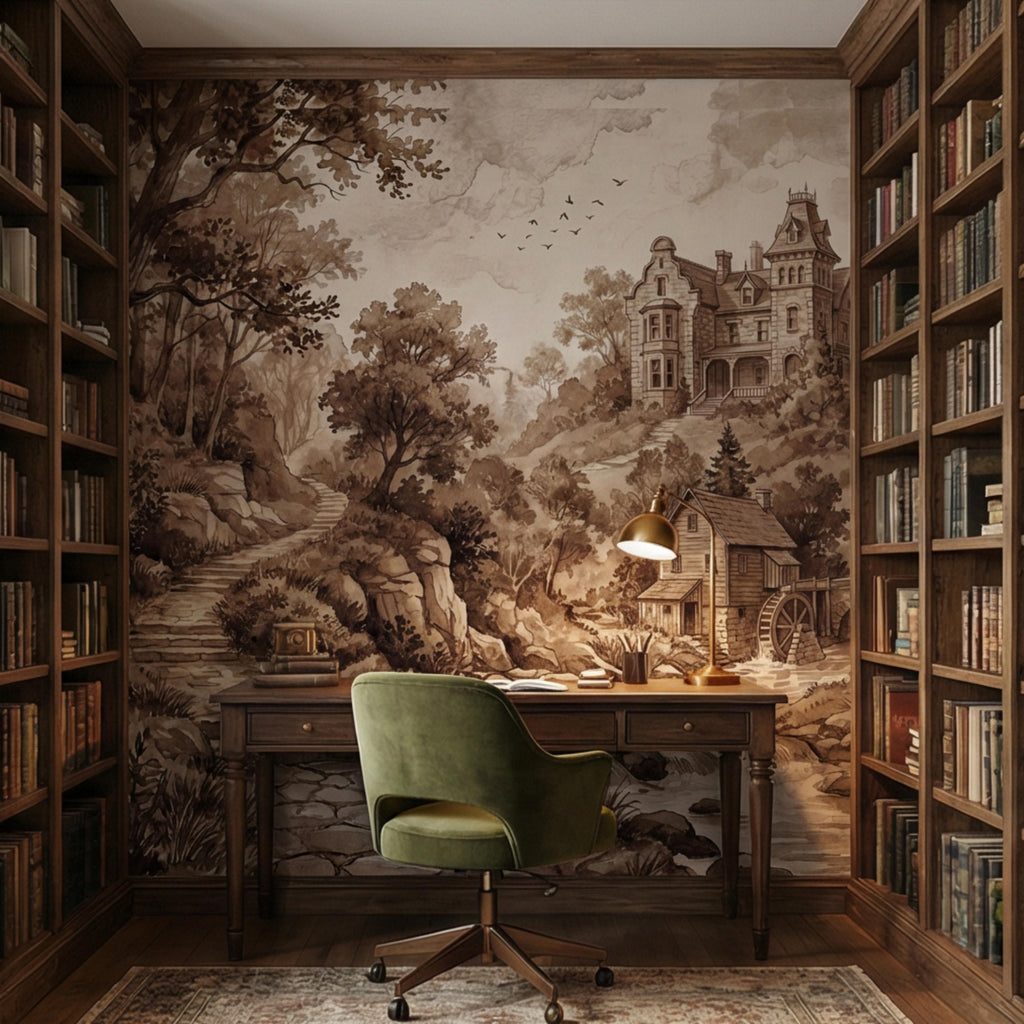 Vintage Sepia Victorian Cottage Peel and Stick Wall Mural, Rustic Old Mill Landscape Wallpaper