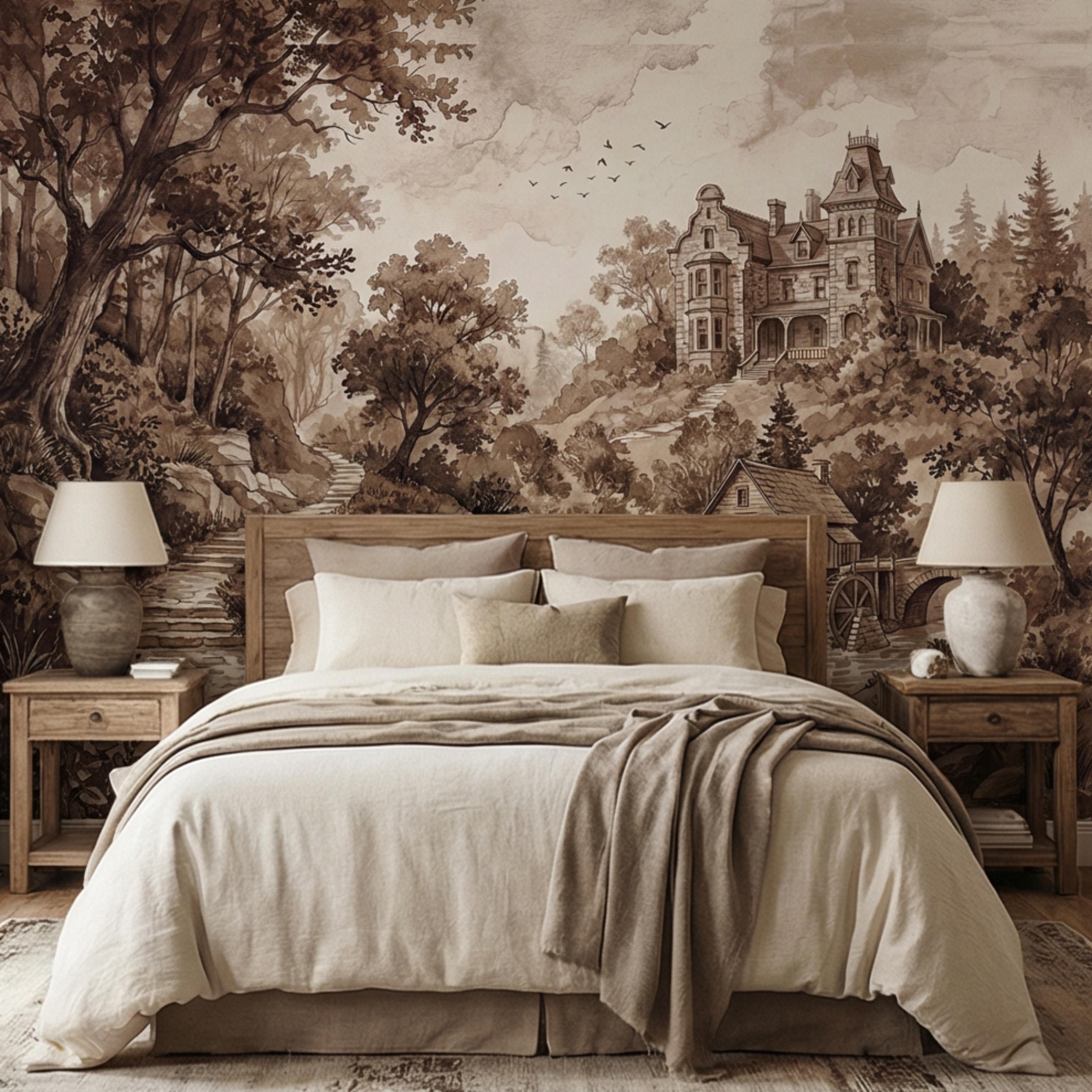 Vintage Sepia Victorian Cottage Peel and Stick Wall Mural, Rustic Old Mill Landscape Wallpaper