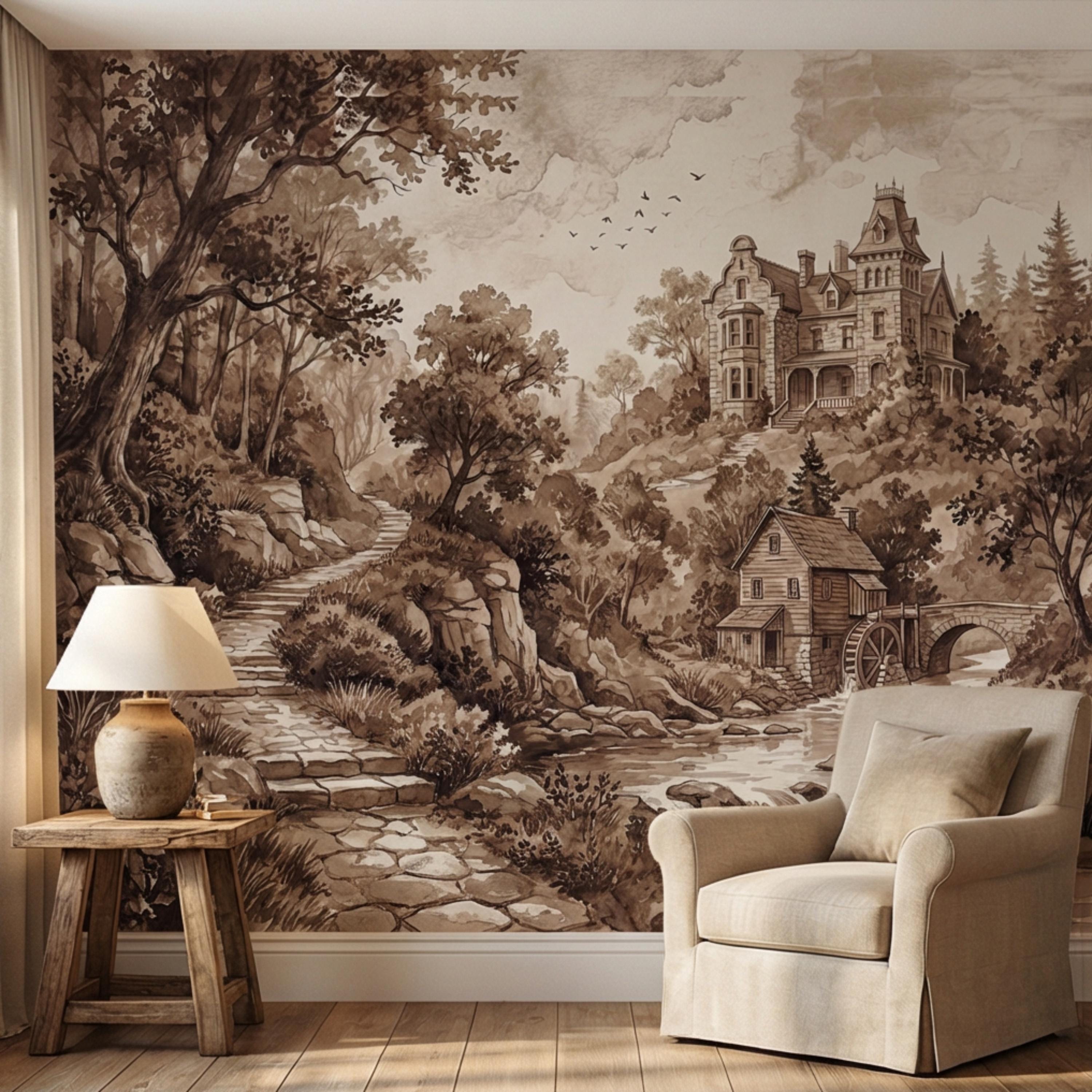Vintage Sepia Victorian Cottage Peel and Stick Wall Mural, Rustic Old Mill Landscape Wallpaper