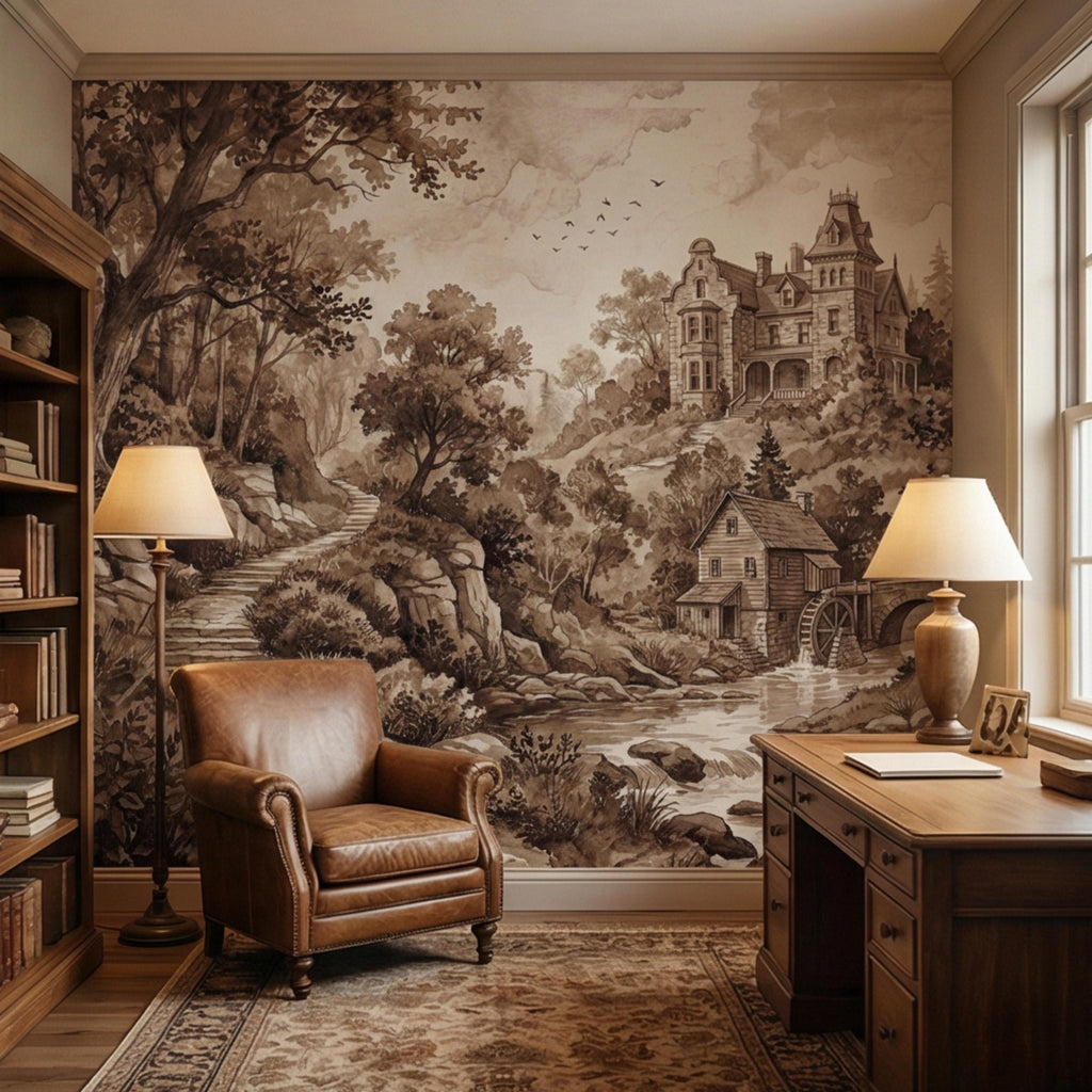 Vintage Sepia Victorian Cottage Peel and Stick Wall Mural, Rustic Old Mill Landscape Wallpaper