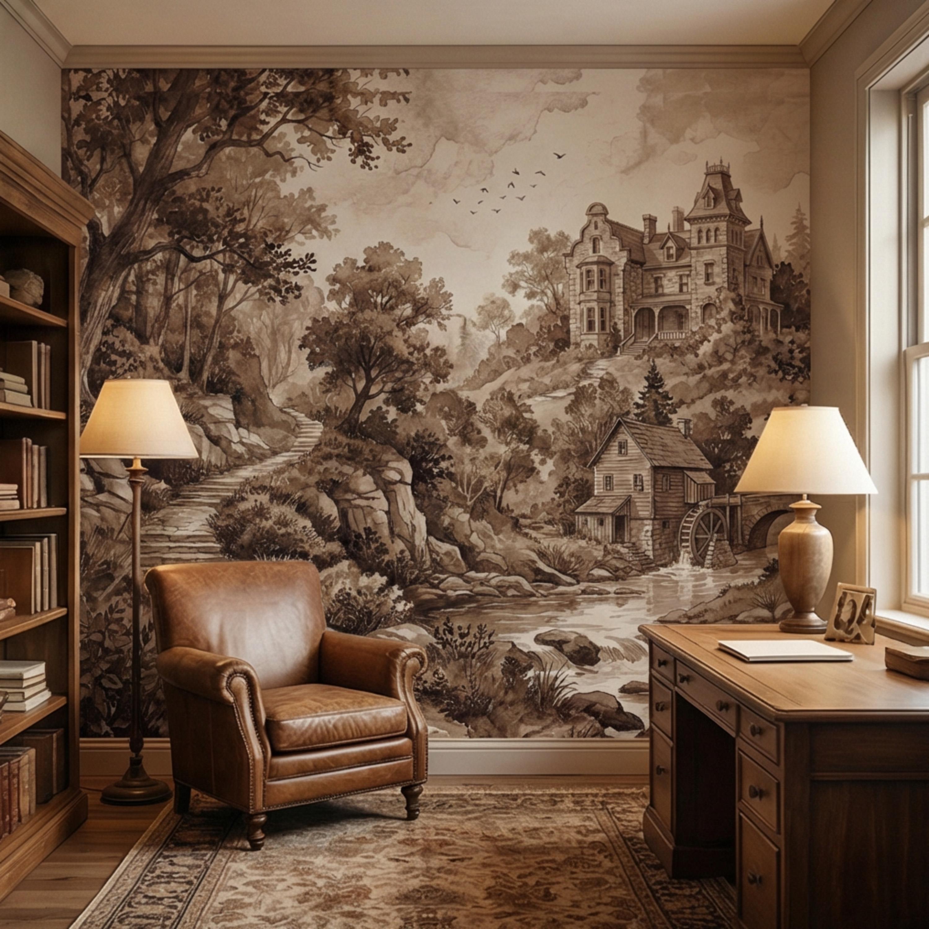 Vintage Sepia Victorian Cottage Peel and Stick Wall Mural, Rustic Old Mill Landscape Wallpaper