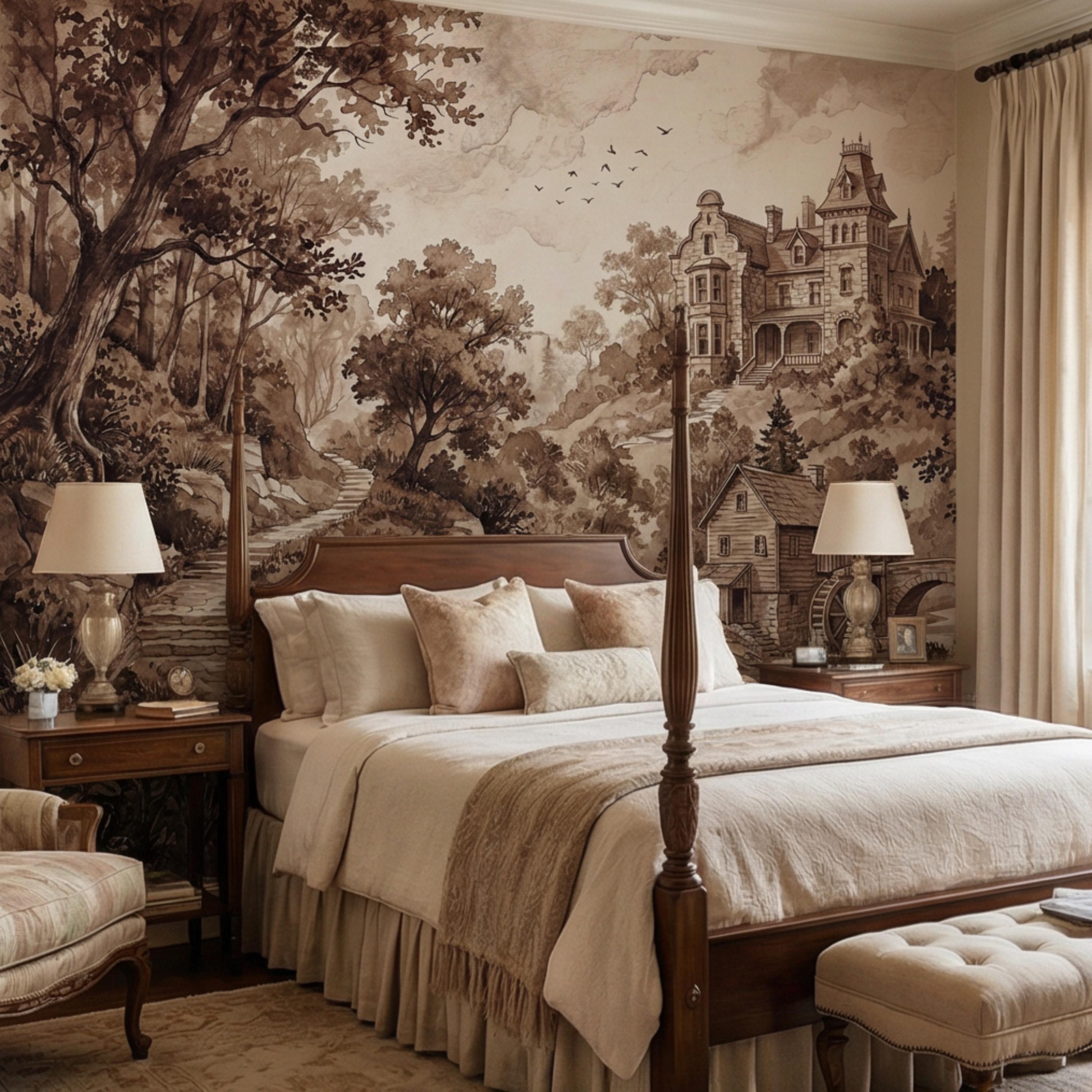Vintage Sepia Victorian Cottage Peel and Stick Wall Mural, Rustic Old Mill Landscape Wallpaper