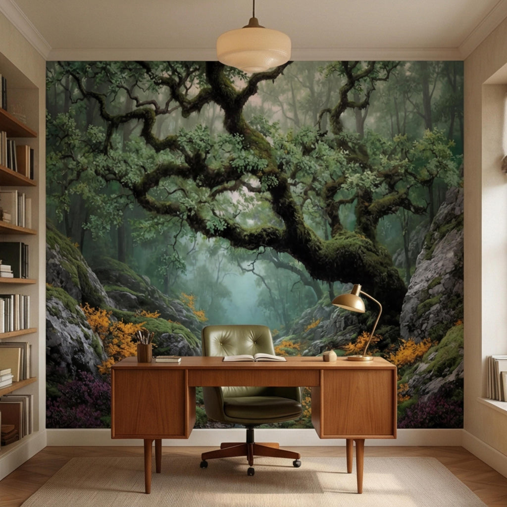Misty Ancient Forest Peel and Stick Wall Mural, Mossy Tree Woodland Path Nature Wallpaper