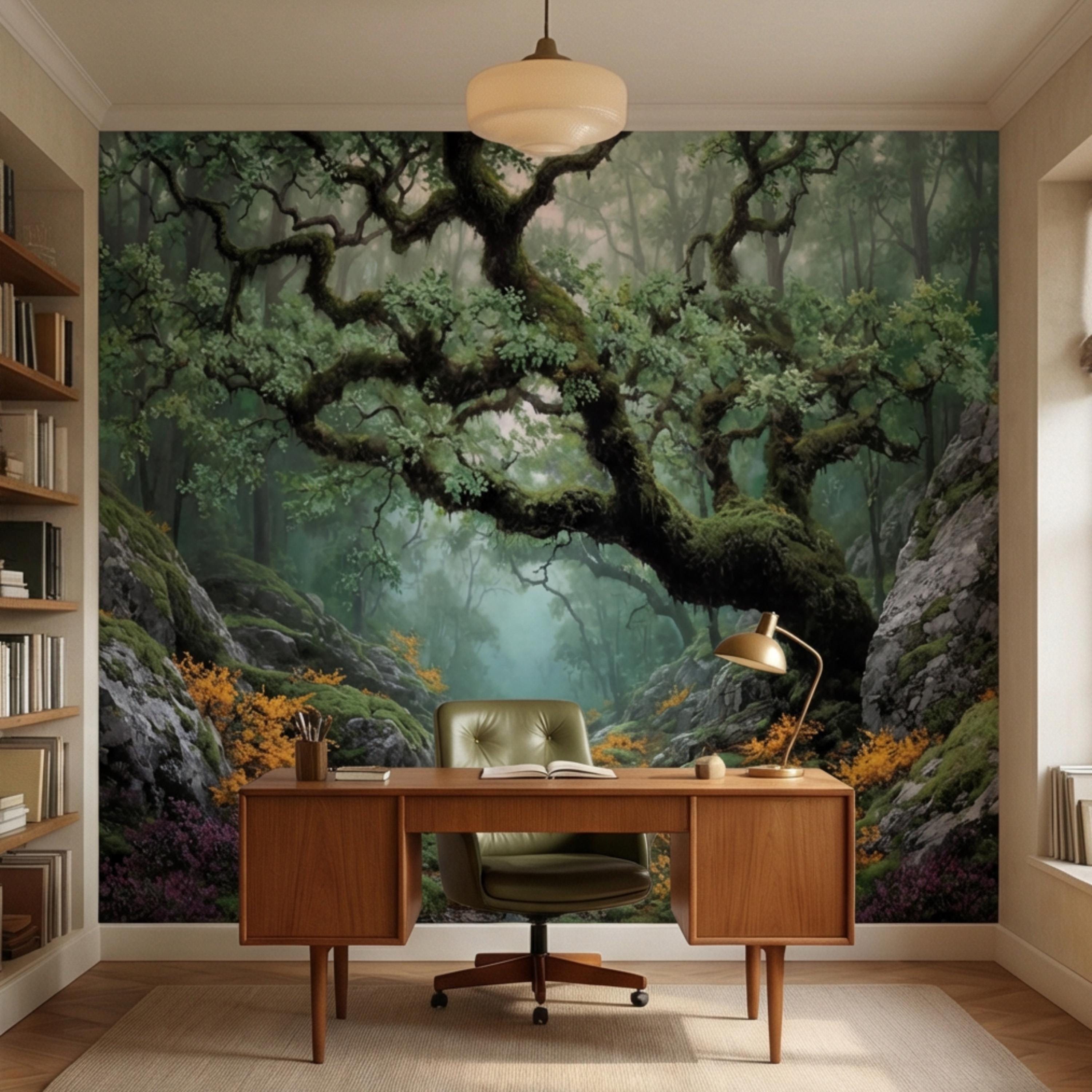 Misty Ancient Forest Peel and Stick Wall Mural, Mossy Tree Woodland Path Nature Wallpaper
