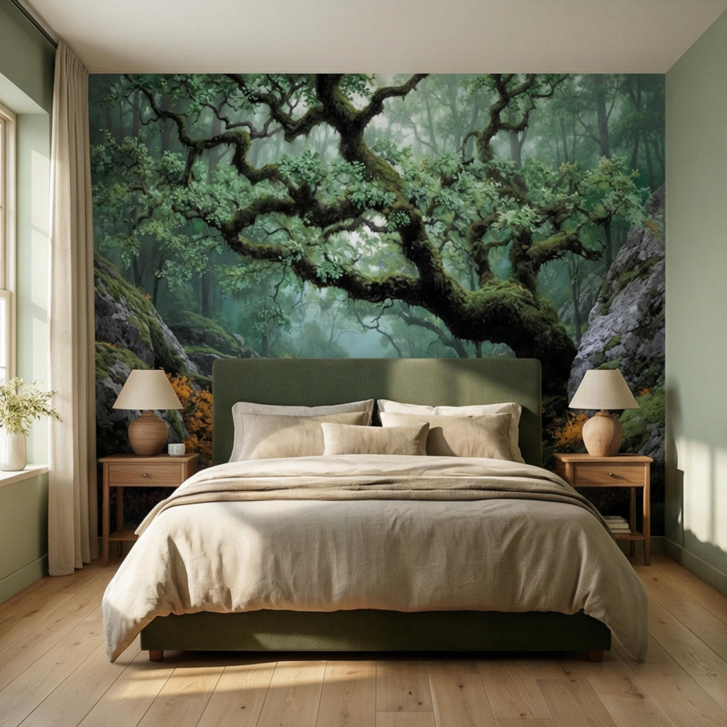 Misty Ancient Forest Peel and Stick Wall Mural, Mossy Tree Woodland Path Nature Wallpaper
