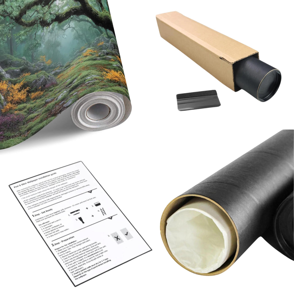 Misty Ancient Forest Peel and Stick Wall Mural, Mossy Tree Woodland Path Nature Wallpaper