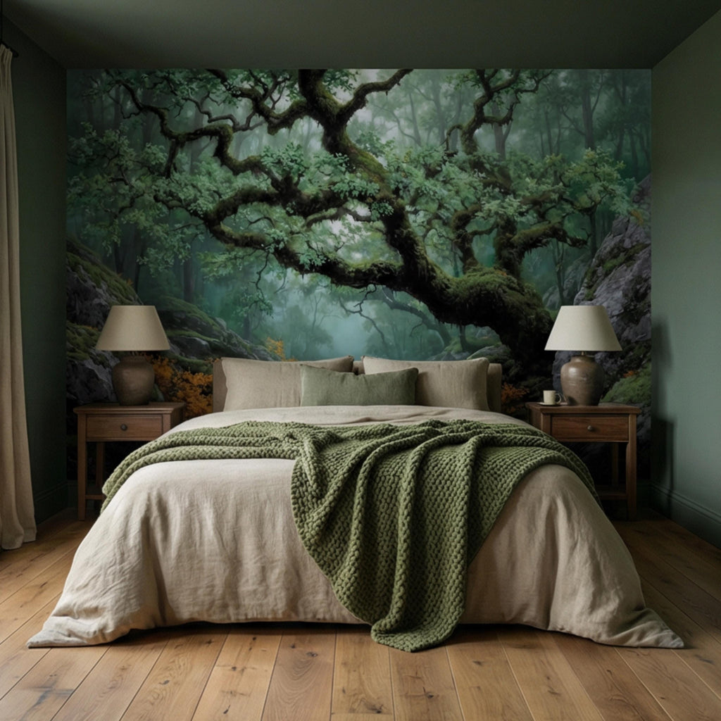 Misty Ancient Forest Peel and Stick Wall Mural, Mossy Tree Woodland Path Nature Wallpaper