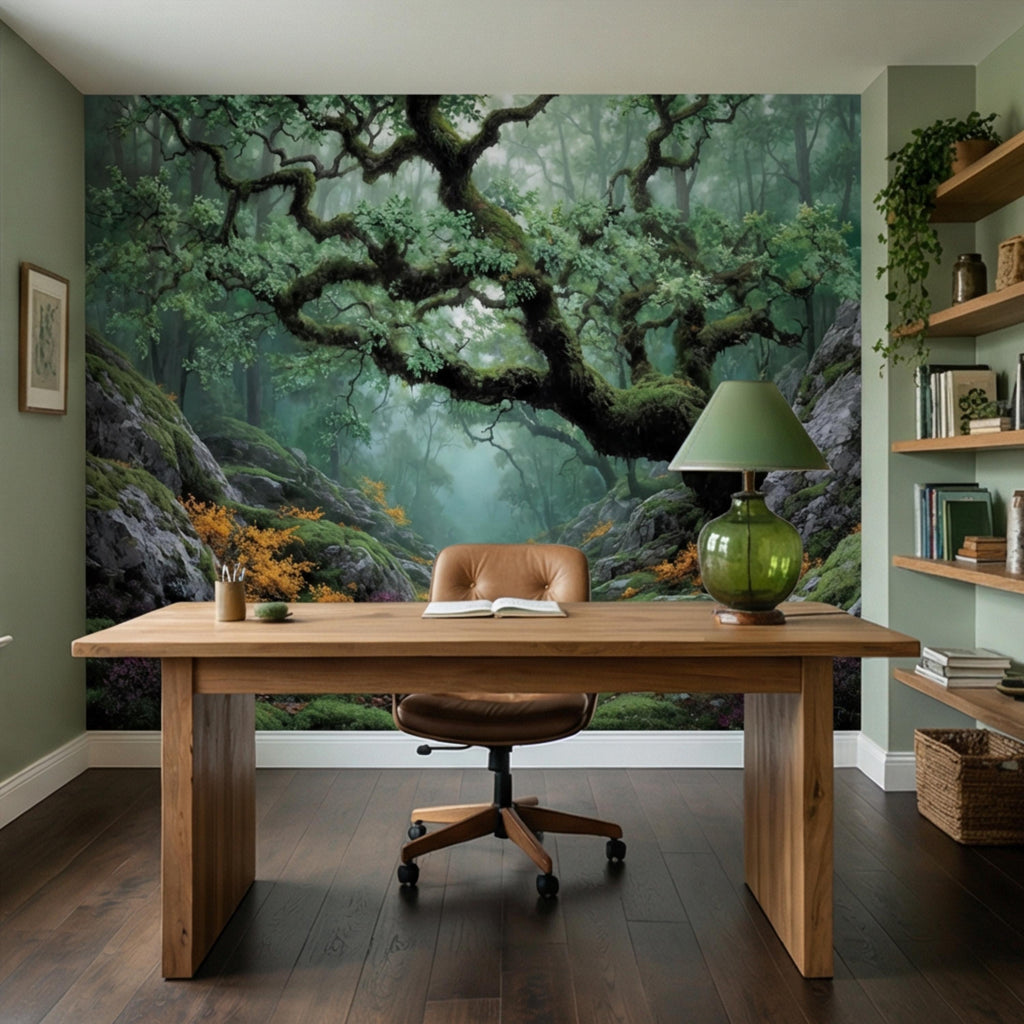 Misty Ancient Forest Peel and Stick Wall Mural, Mossy Tree Woodland Path Nature Wallpaper