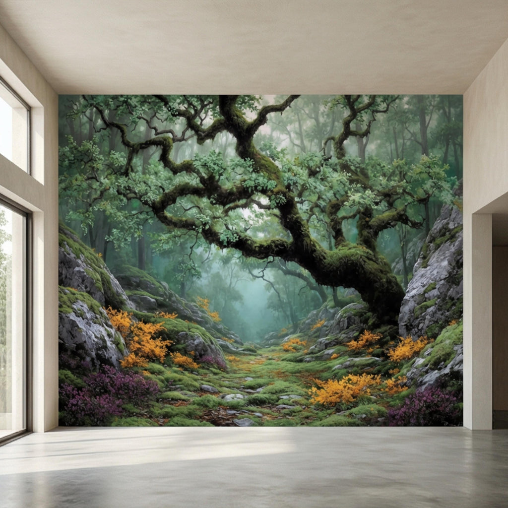 Misty Ancient Forest Peel and Stick Wall Mural, Mossy Tree Woodland Path Nature Wallpaper
