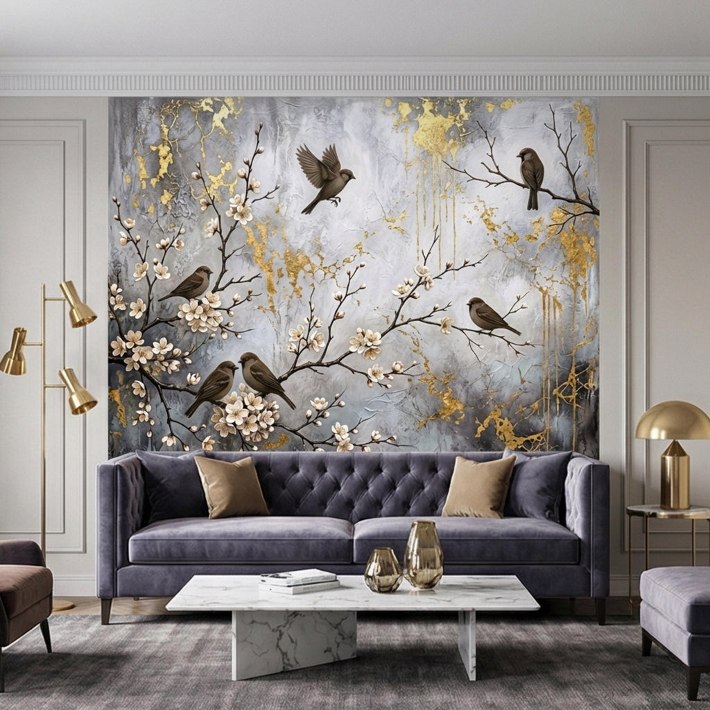 Luxury Cherry Blossom Birds Peel and Stick Wall Mural, Elegant Neutral Asian Floral Wallpaper, Modern Nature Wall Decor
