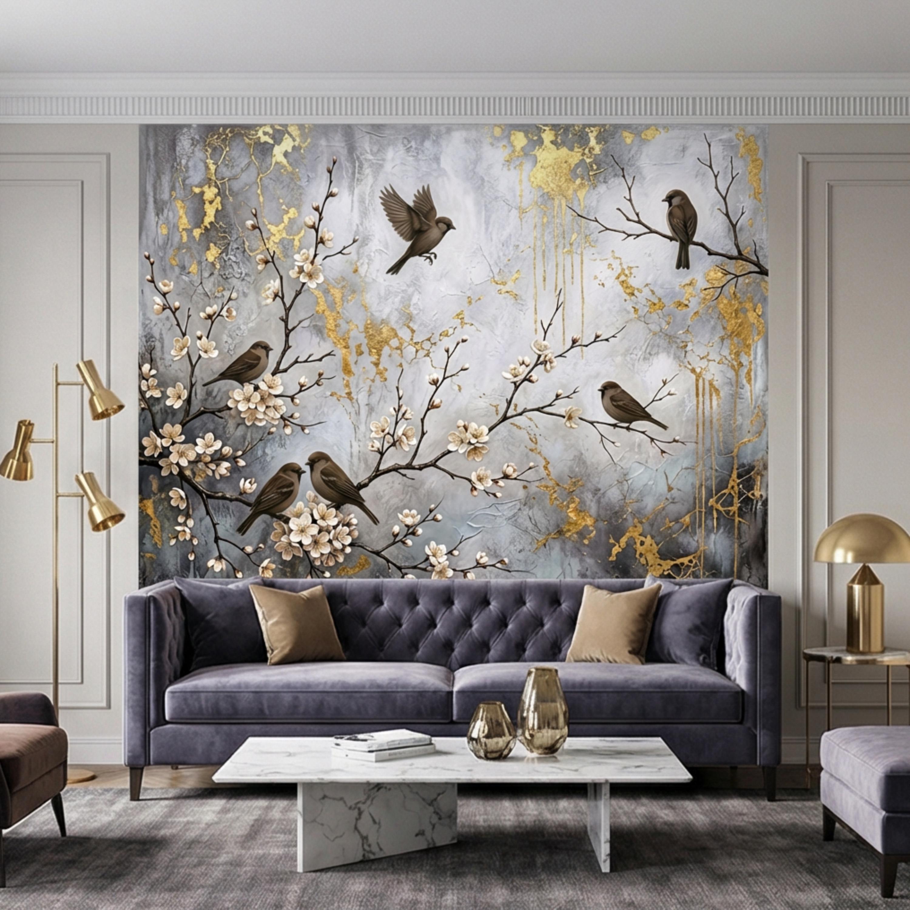Luxury Cherry Blossom Birds Peel and Stick Wall Mural, Elegant Neutral Asian Floral Wallpaper, Modern Nature Wall Decor