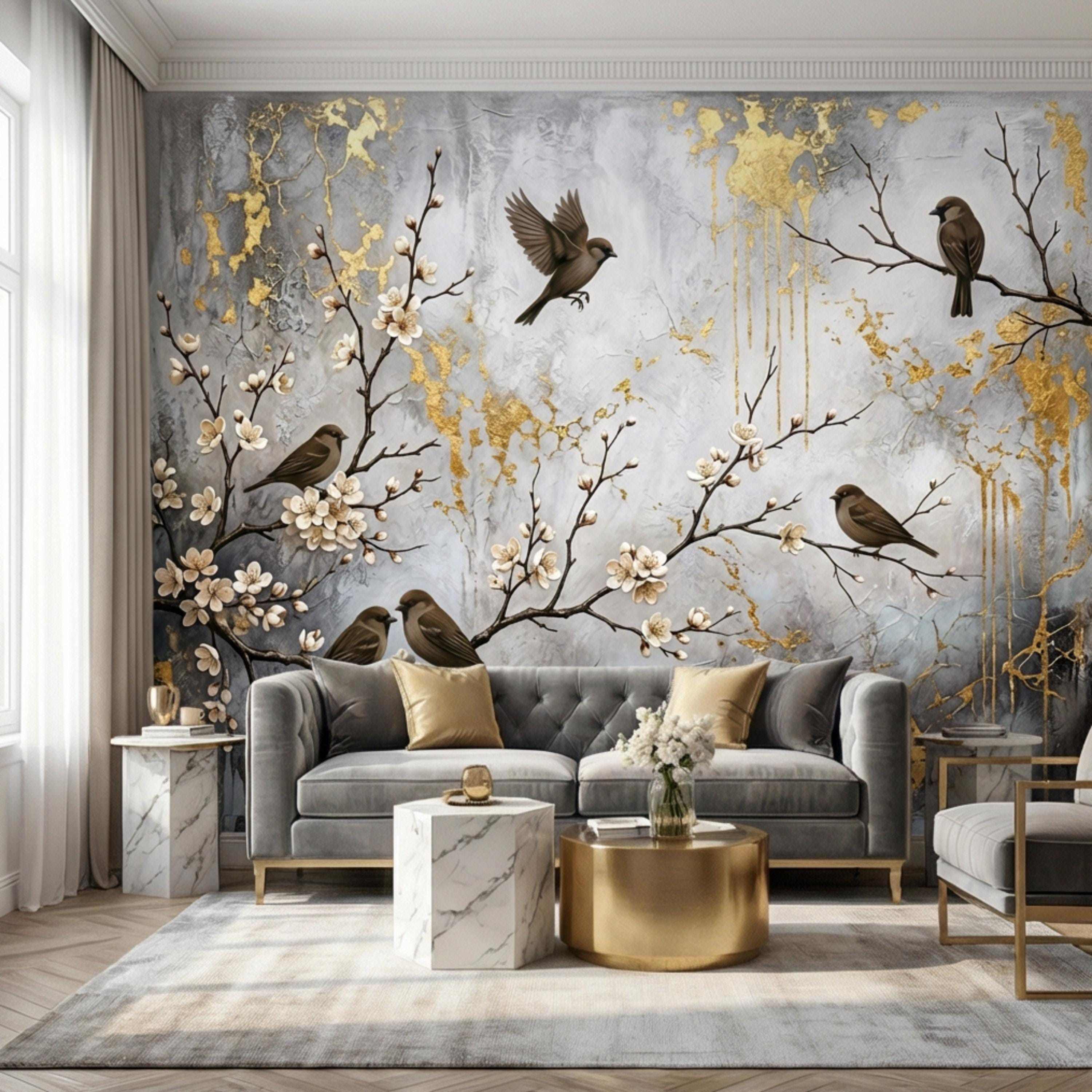 Luxury Cherry Blossom Birds Peel and Stick Wall Mural, Elegant Neutral Asian Floral Wallpaper, Modern Nature Wall Decor