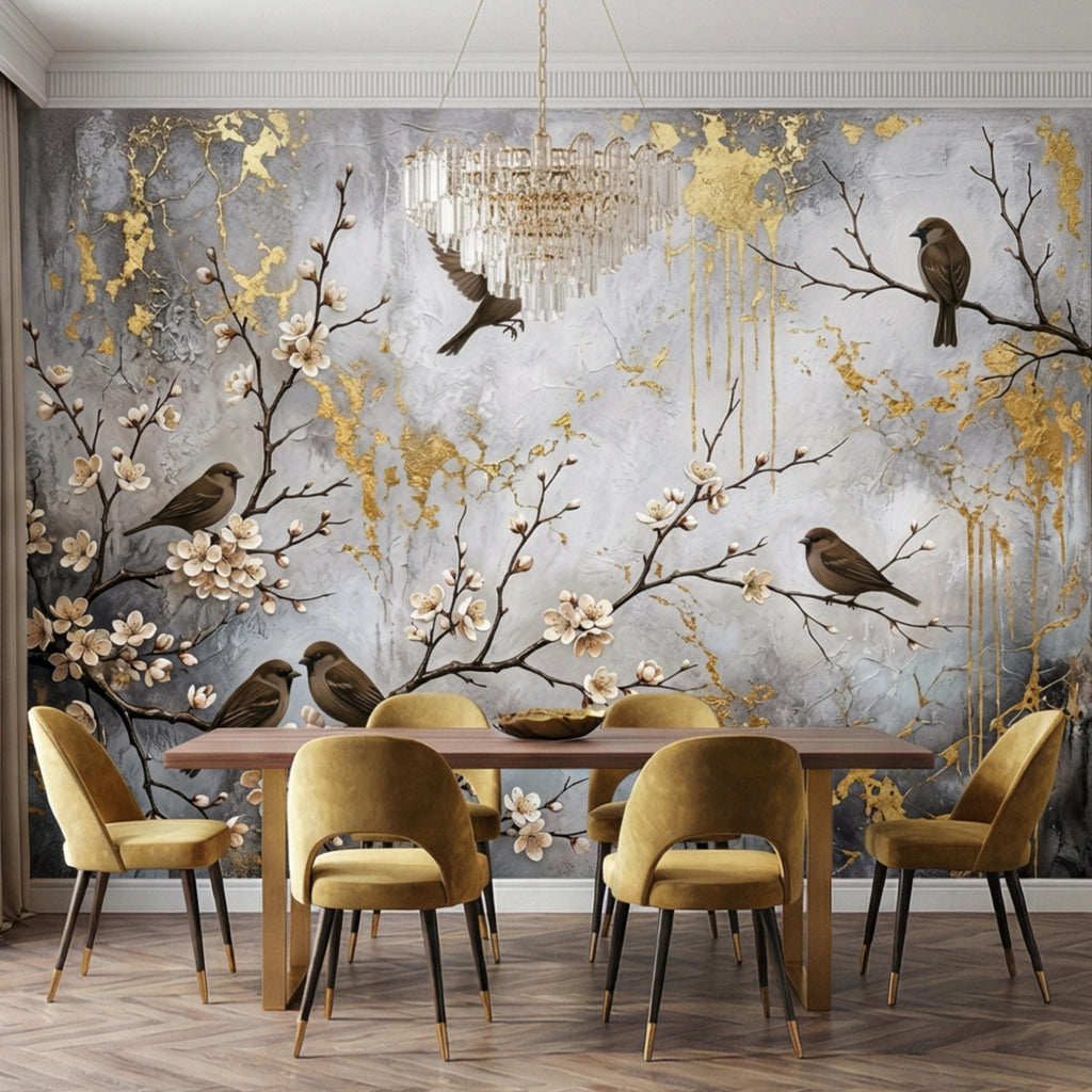 Luxury Cherry Blossom Birds Peel and Stick Wall Mural, Elegant Neutral Asian Floral Wallpaper, Modern Nature Wall Decor