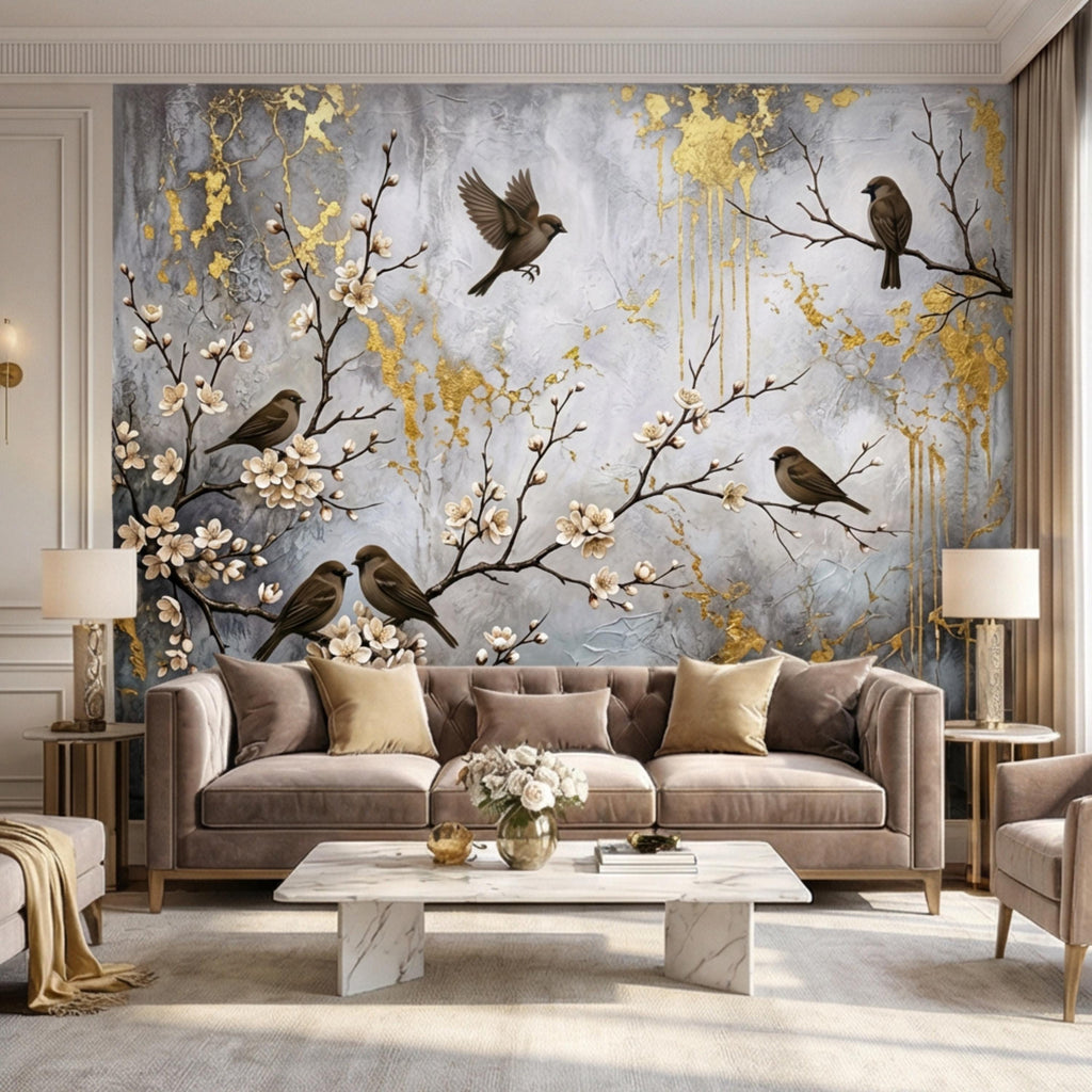 Luxury Cherry Blossom Birds Peel and Stick Wall Mural, Elegant Neutral Asian Floral Wallpaper, Modern Nature Wall Decor