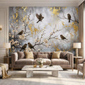 Luxury Cherry Blossom Birds Peel and Stick Wall Mural, Elegant Neutral Asian Floral Wallpaper, Modern Nature Wall Decor