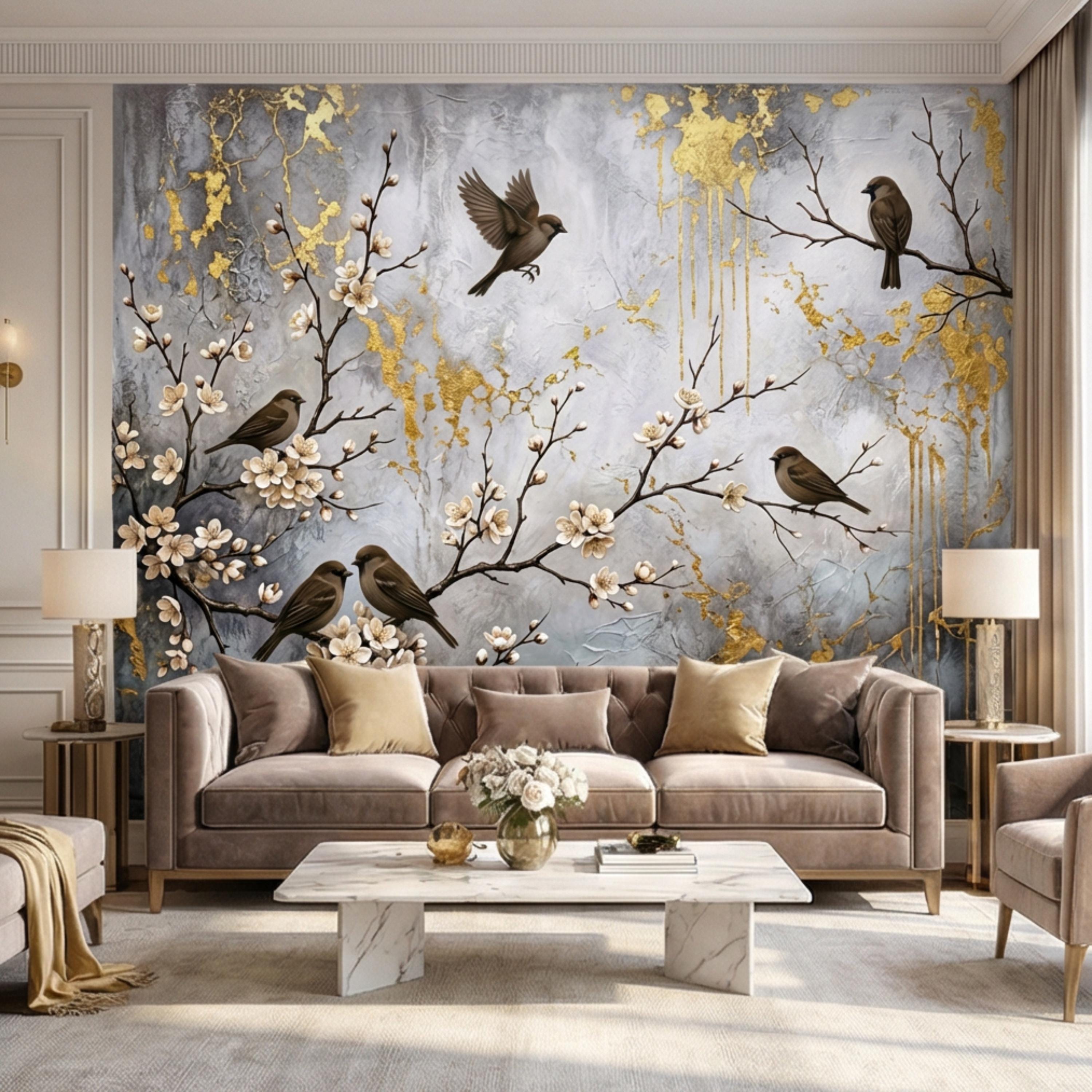 Luxury Cherry Blossom Birds Peel and Stick Wall Mural, Elegant Neutral Asian Floral Wallpaper, Modern Nature Wall Decor