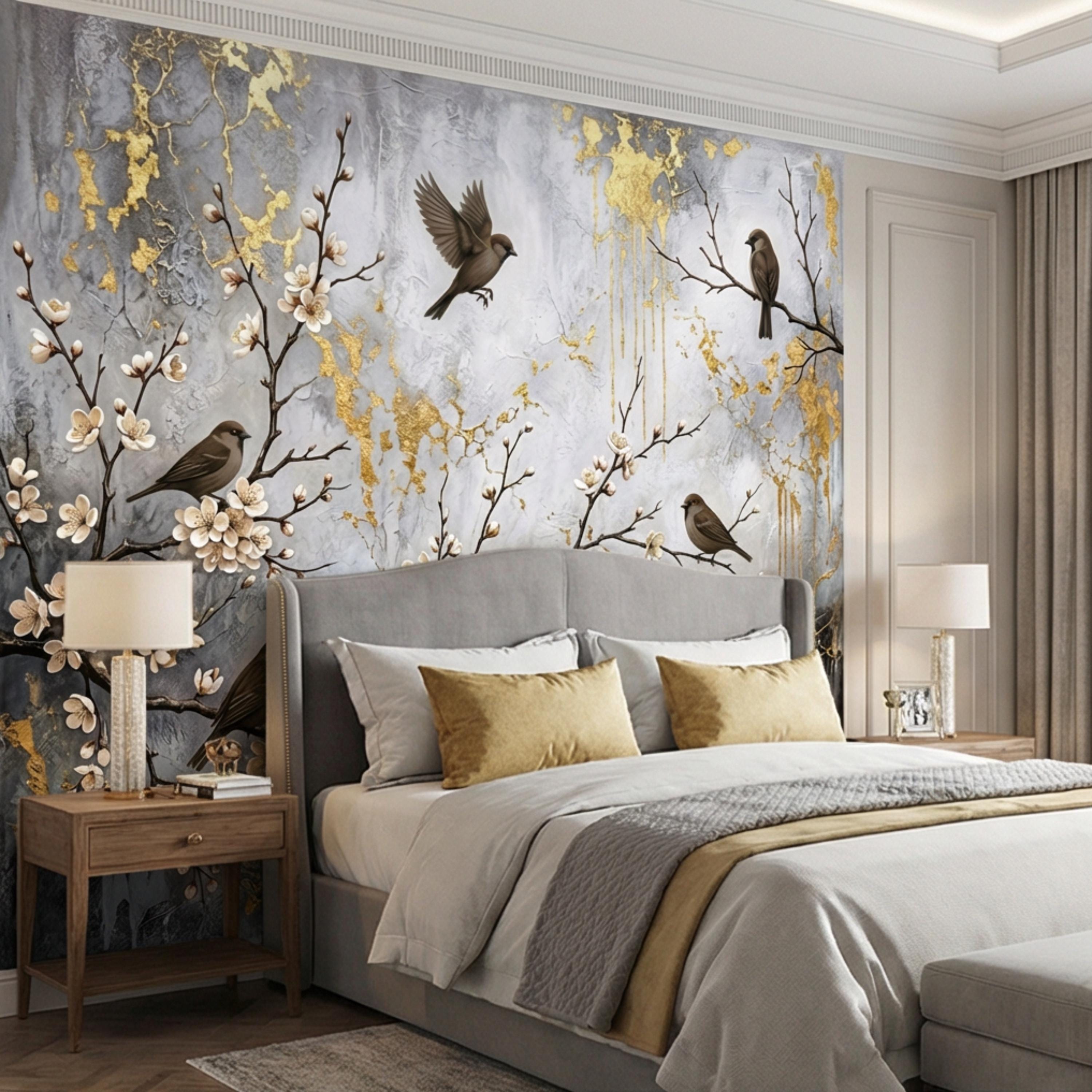 Luxury Cherry Blossom Birds Peel and Stick Wall Mural, Elegant Neutral Asian Floral Wallpaper, Modern Nature Wall Decor