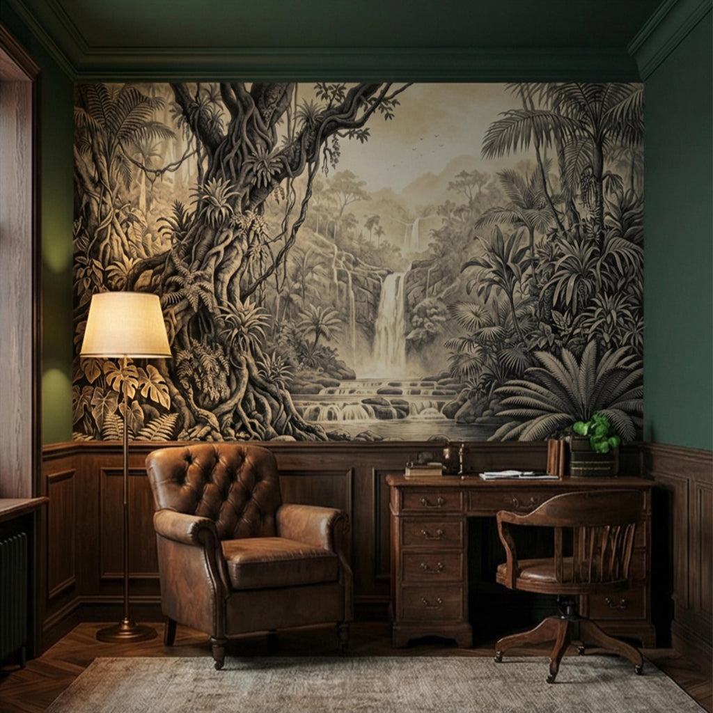 Vintage Sepia Jungle Waterfall Peel and Stick Wall Mural, Tropical Engraving Style Wallpaper
