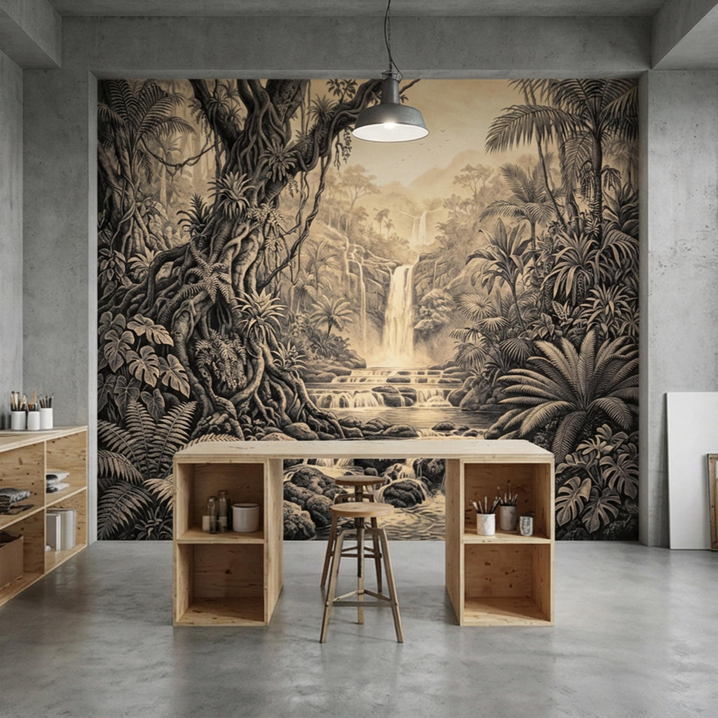 Vintage Sepia Jungle Waterfall Peel and Stick Wall Mural, Tropical Engraving Style Wallpaper