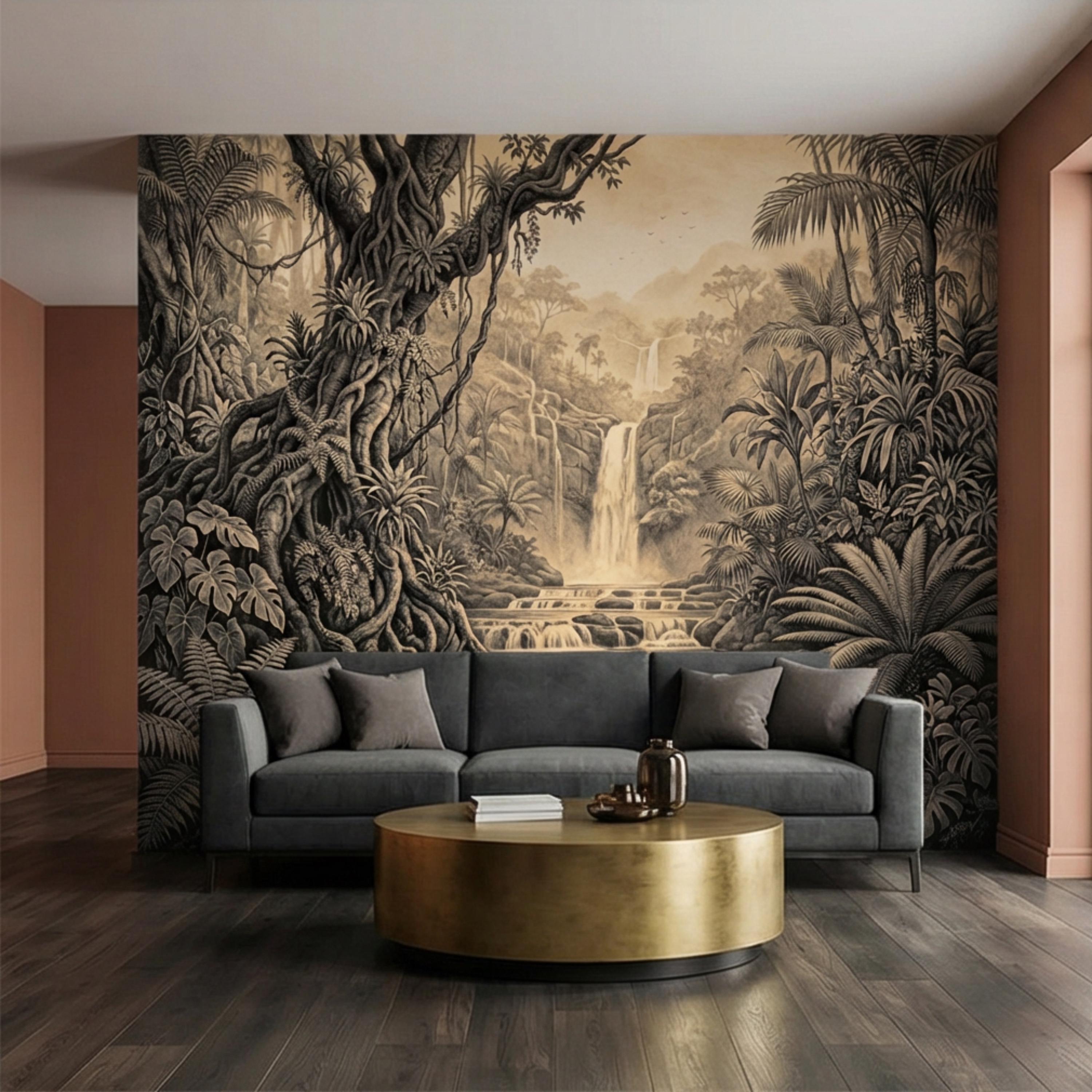 Vintage Sepia Jungle Waterfall Peel and Stick Wall Mural, Tropical Engraving Style Wallpaper
