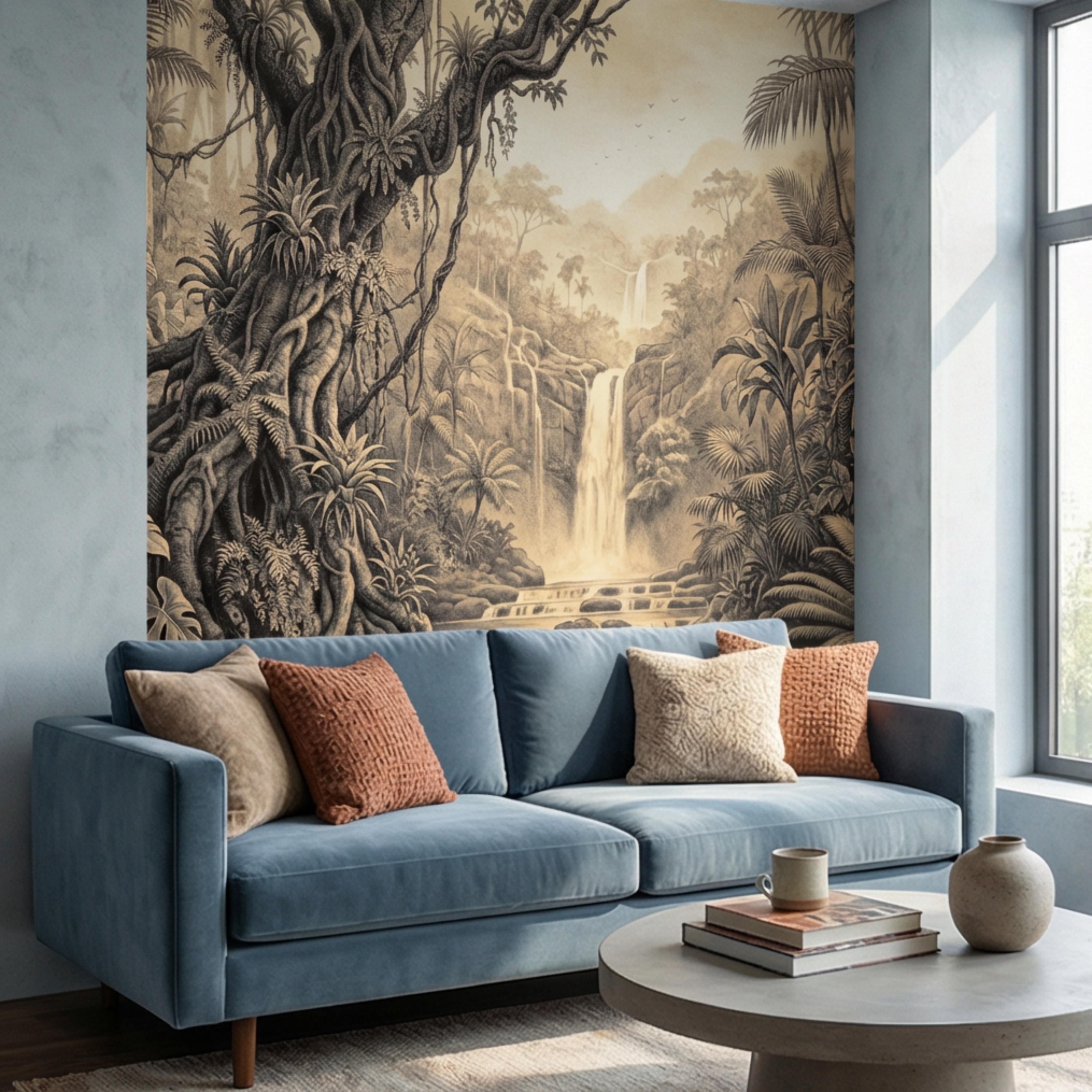 Vintage Sepia Jungle Waterfall Peel and Stick Wall Mural, Tropical Engraving Style Wallpaper