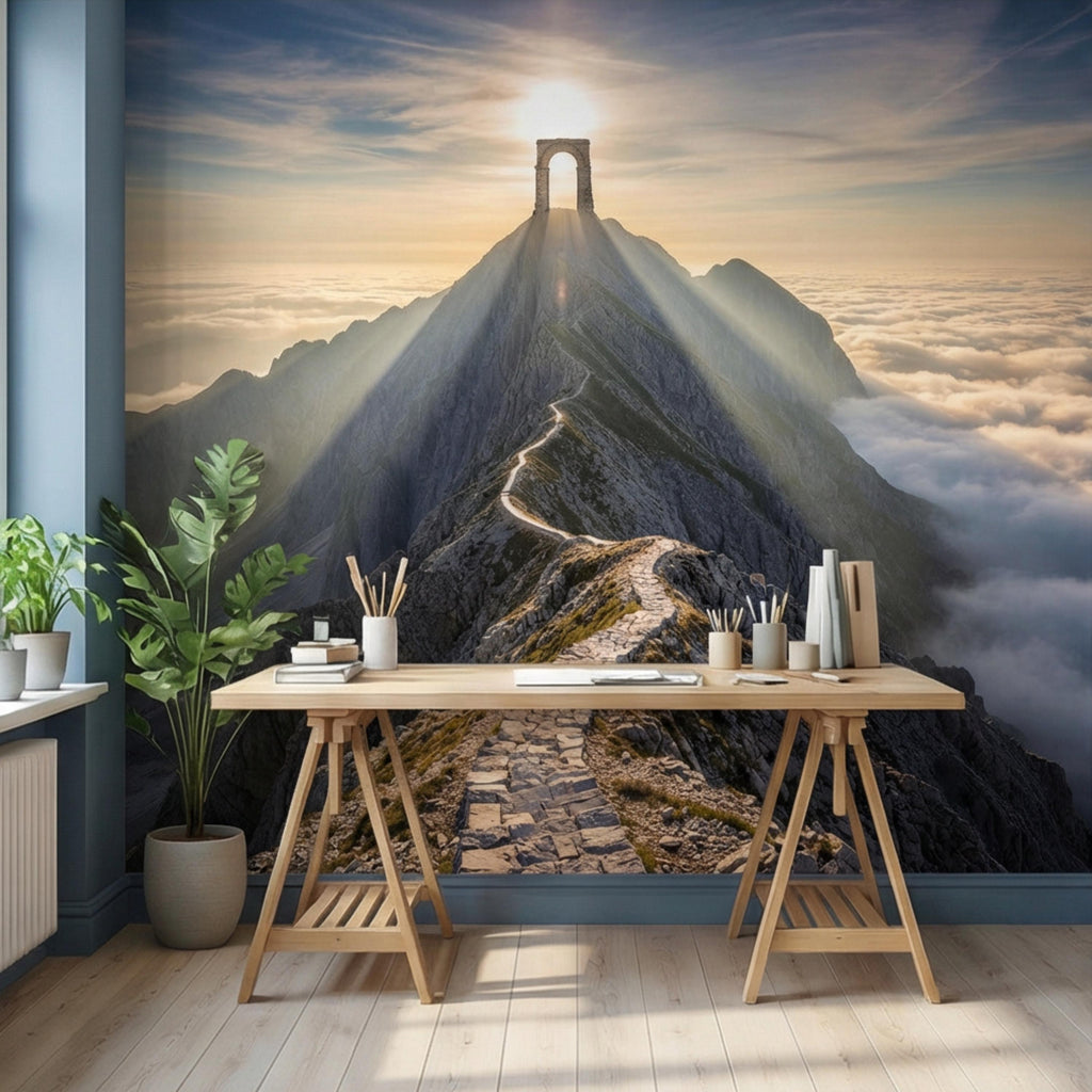 Mountain Path to Archway Above the Clouds Peel and Stick Wall Mural, Epic Sunrise Landscape Wallpaper