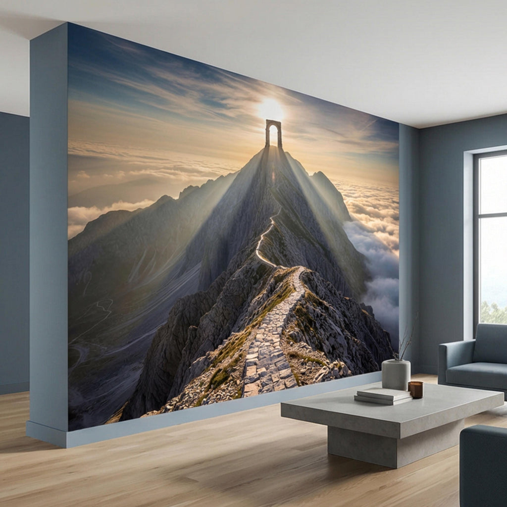 Mountain Path to Archway Above the Clouds Peel and Stick Wall Mural, Epic Sunrise Landscape Wallpaper
