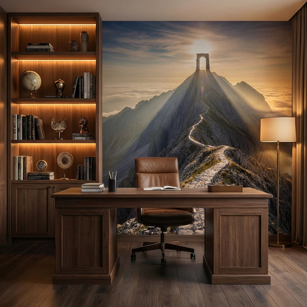 Mountain Path to Archway Above the Clouds Peel and Stick Wall Mural, Epic Sunrise Landscape Wallpaper