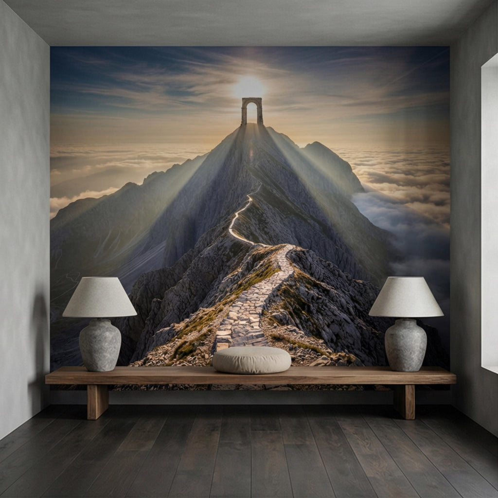 Mountain Path to Archway Above the Clouds Peel and Stick Wall Mural, Epic Sunrise Landscape Wallpaper