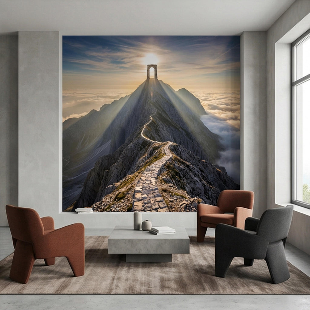 Mountain Path to Archway Above the Clouds Peel and Stick Wall Mural, Epic Sunrise Landscape Wallpaper