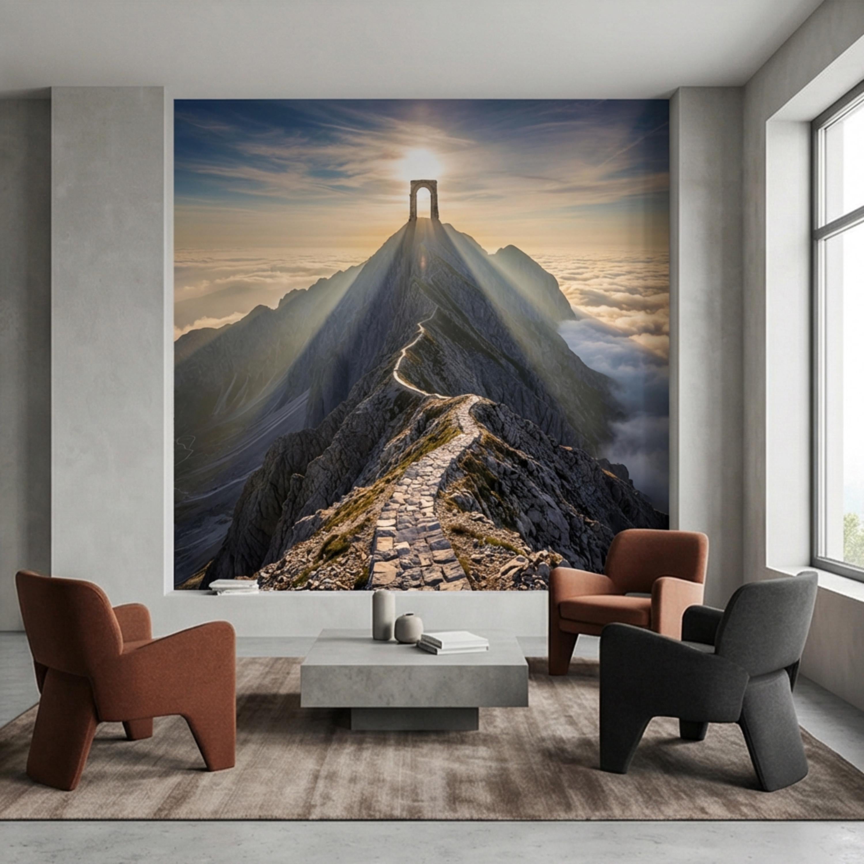 Mountain Path to Archway Above the Clouds Peel and Stick Wall Mural, Epic Sunrise Landscape Wallpaper