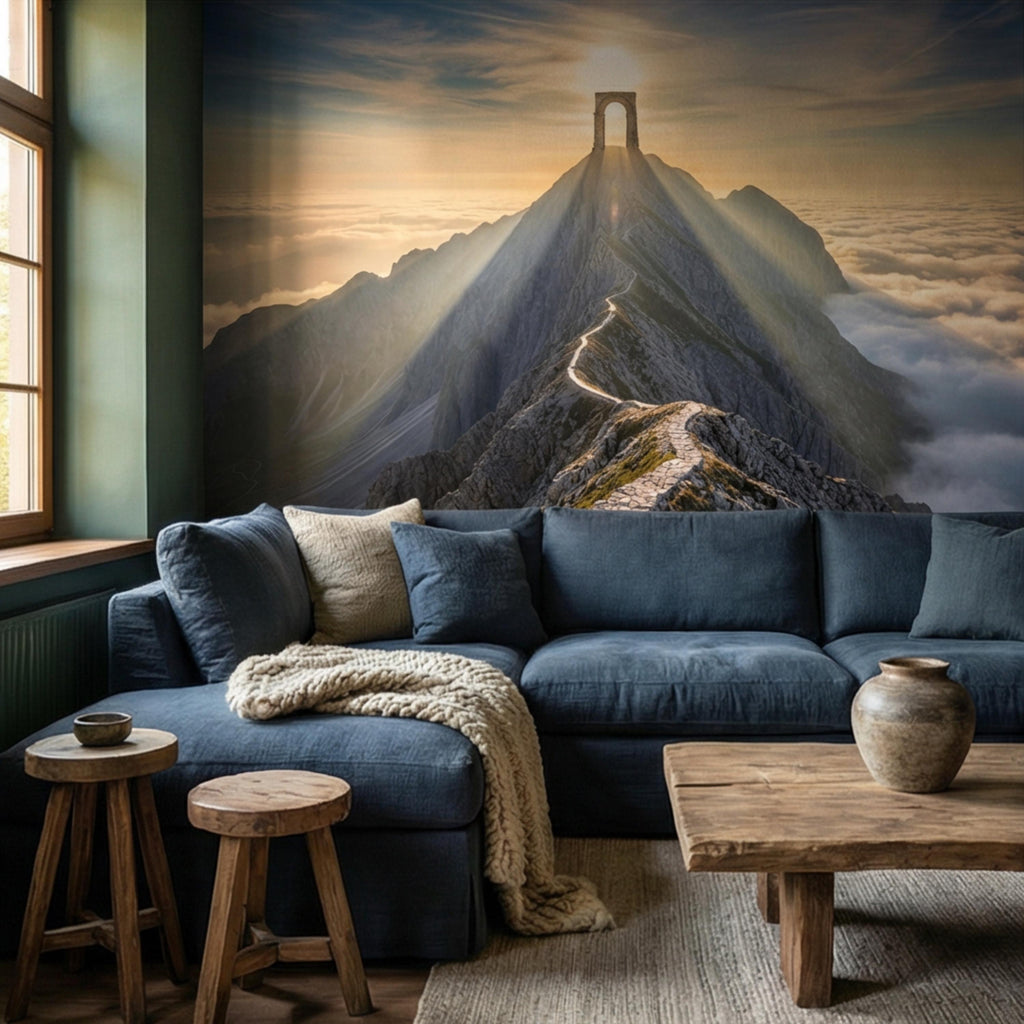 Mountain Path to Archway Above the Clouds Peel and Stick Wall Mural, Epic Sunrise Landscape Wallpaper