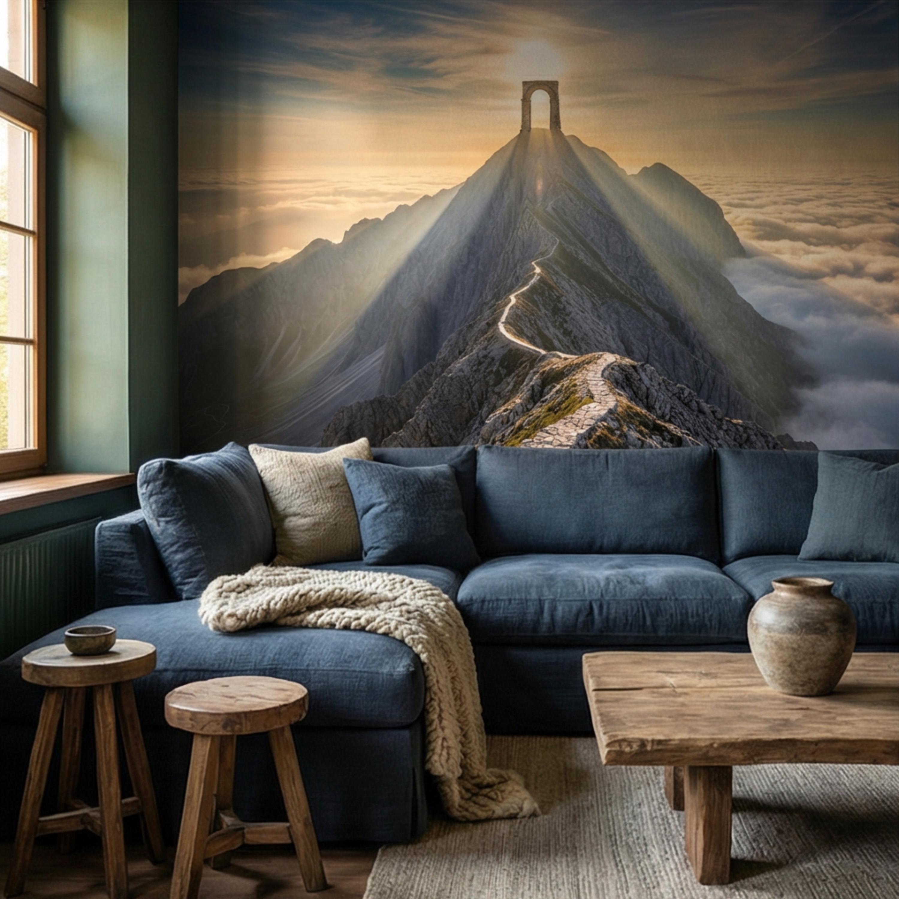 Mountain Path to Archway Above the Clouds Peel and Stick Wall Mural, Epic Sunrise Landscape Wallpaper
