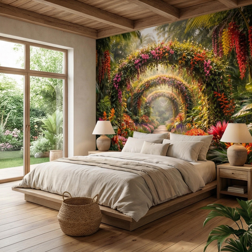 Tropical Floral Garden Archway Peel and Stick Wall Mural, Colorful Jungle Path Botanical Wallpaper