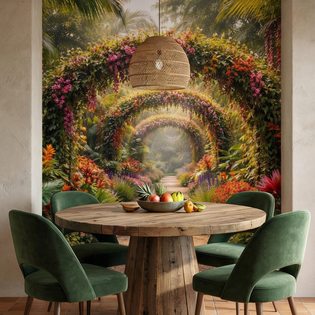 Tropical Floral Garden Archway Peel and Stick Wall Mural, Colorful Jungle Path Botanical Wallpaper