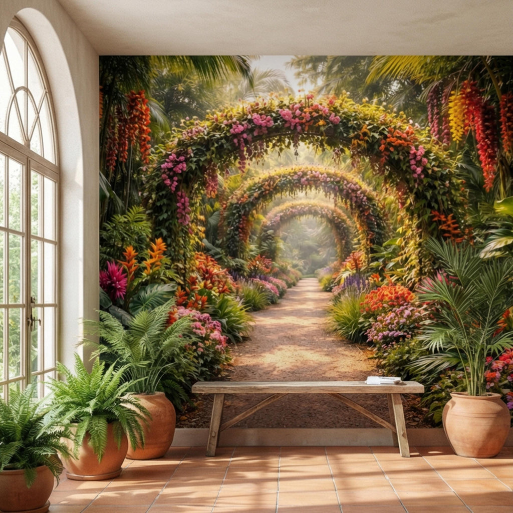 Tropical Floral Garden Archway Peel and Stick Wall Mural, Colorful Jungle Path Botanical Wallpaper